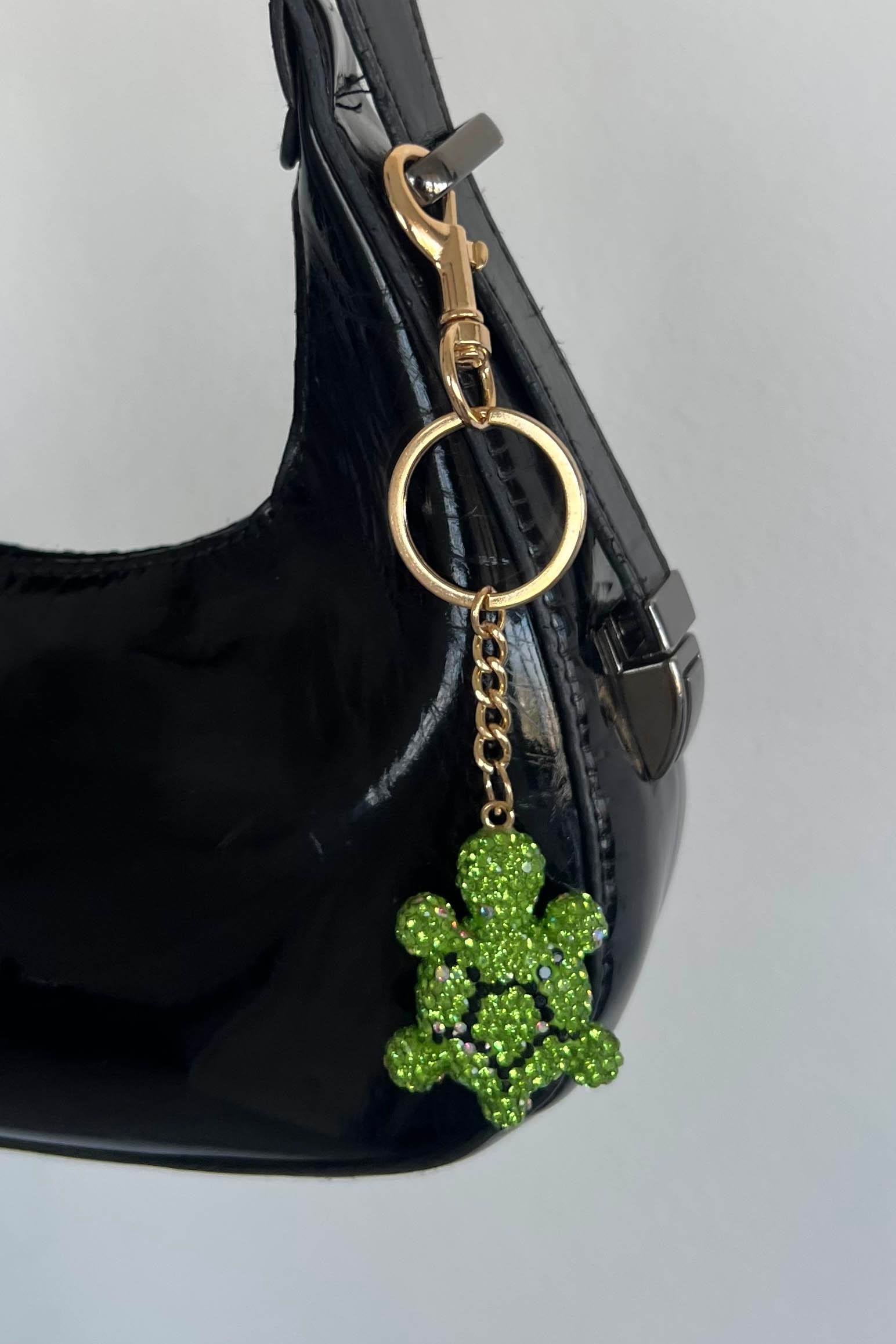 Altın Renk Kaplumbağa Figürlü Yeşil Renk Taş Detaylı Çanta Charm/ Anahtarlık