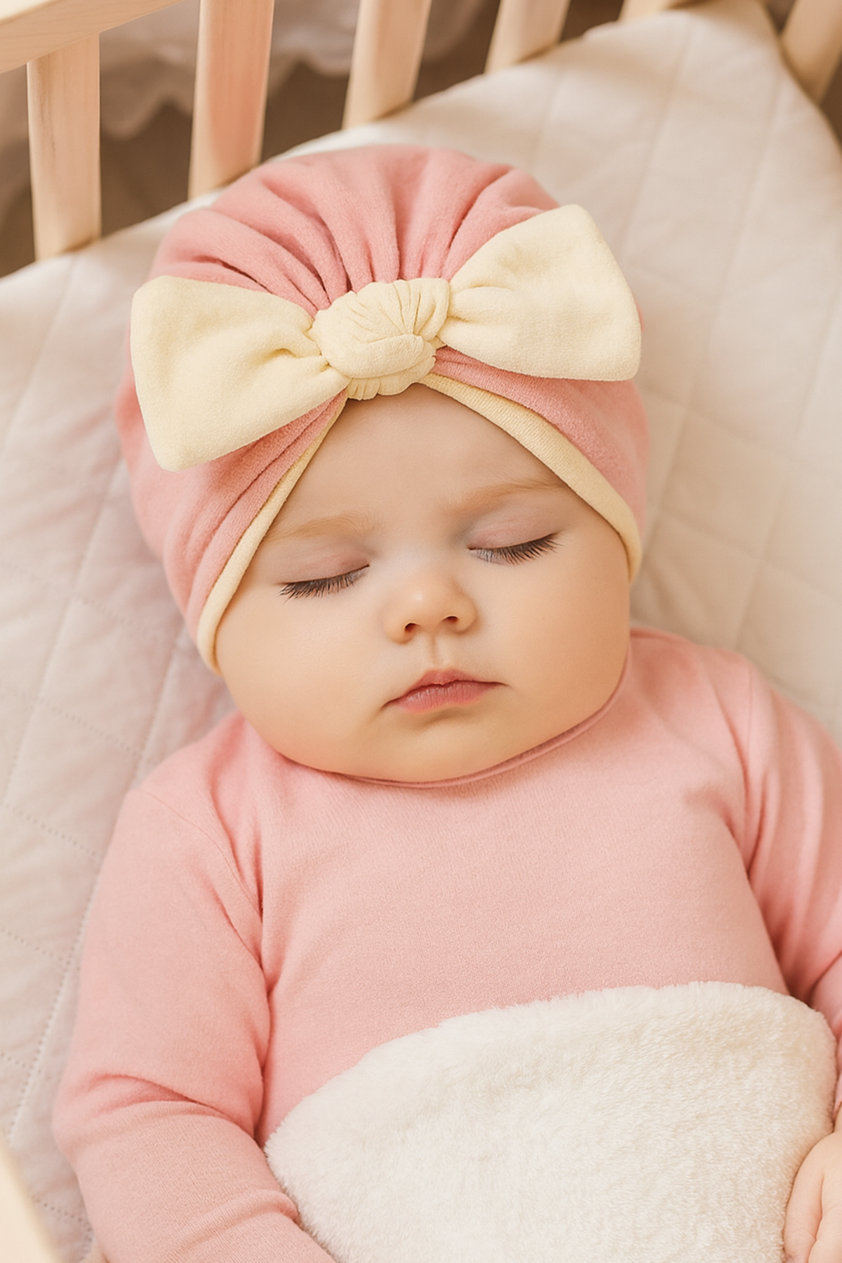 Açık Pembe Ve Krem Renk Kurdele Figürlü Bebek Saç Bonesi