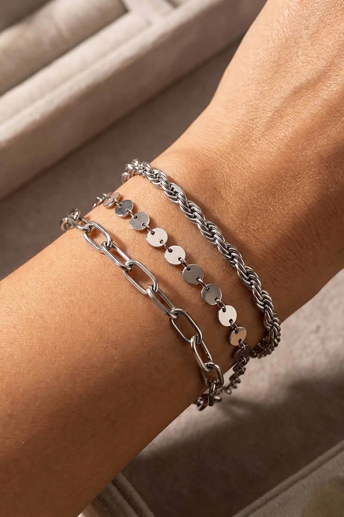 Gümüş Renk 3'lü Çelik Bileklik