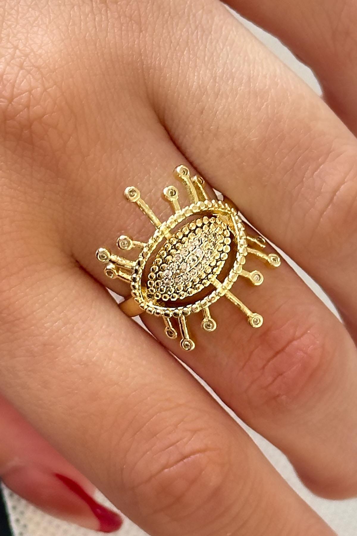 Altın Renk Taş Detaylı Ayarlanabilir Yüzük