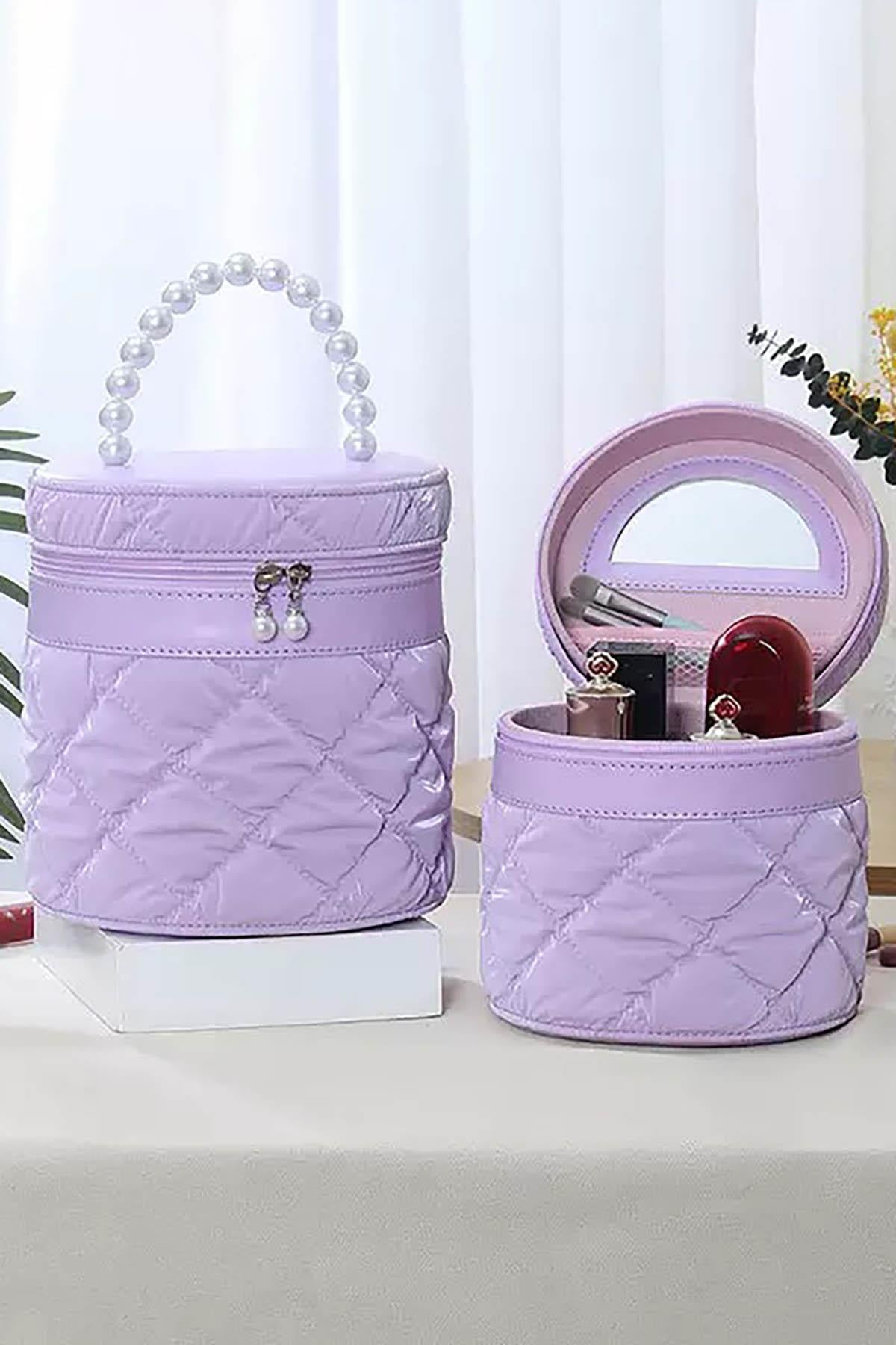 Mor Renk İnci Detaylı Makyaj Ve Kişisel Bakım Çantası 