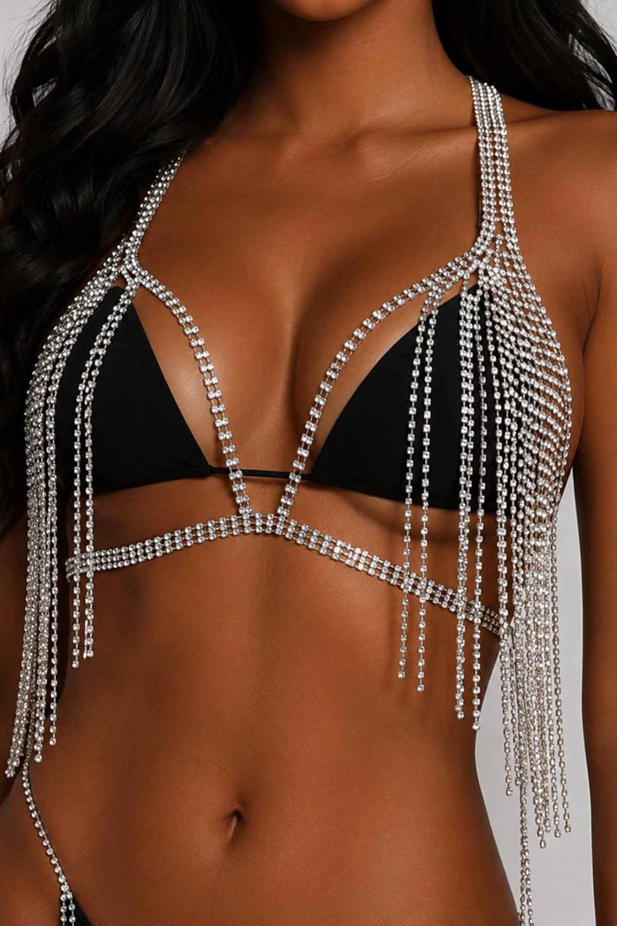 Gümüş Renk Taş Detaylı Bikini Üstü /Bralet /Vücut Aksesuarı