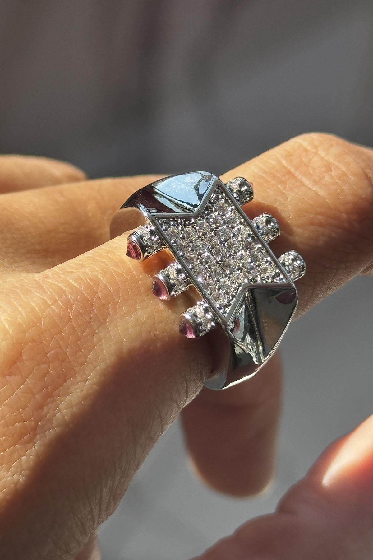 Gümüş Renk Taş Detaylı Ayarlanabilir Yüzük