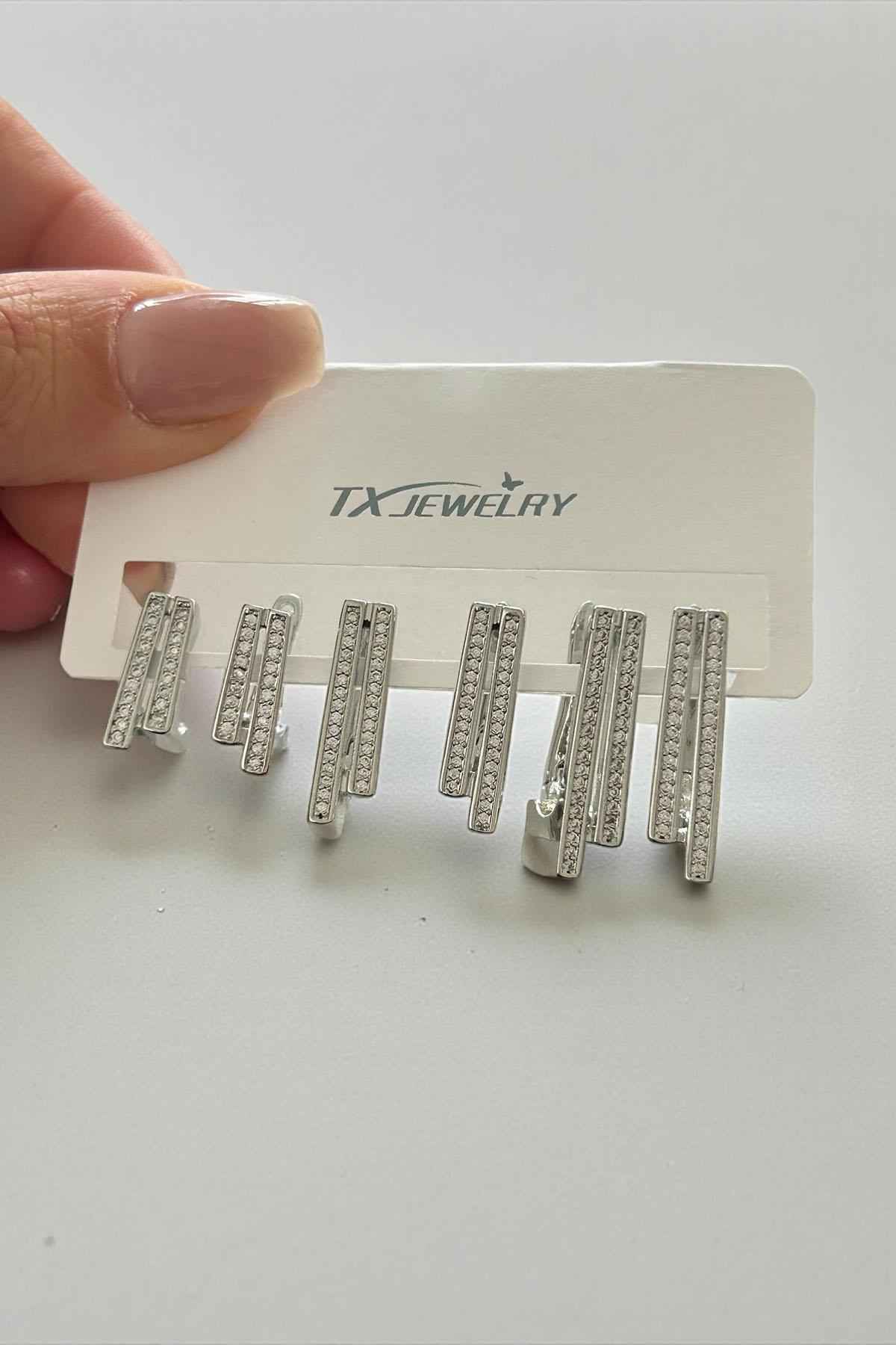 Gümüş Renk Taş Detaylı 14K Altın Kaplama TX 6'lı Küpe Set