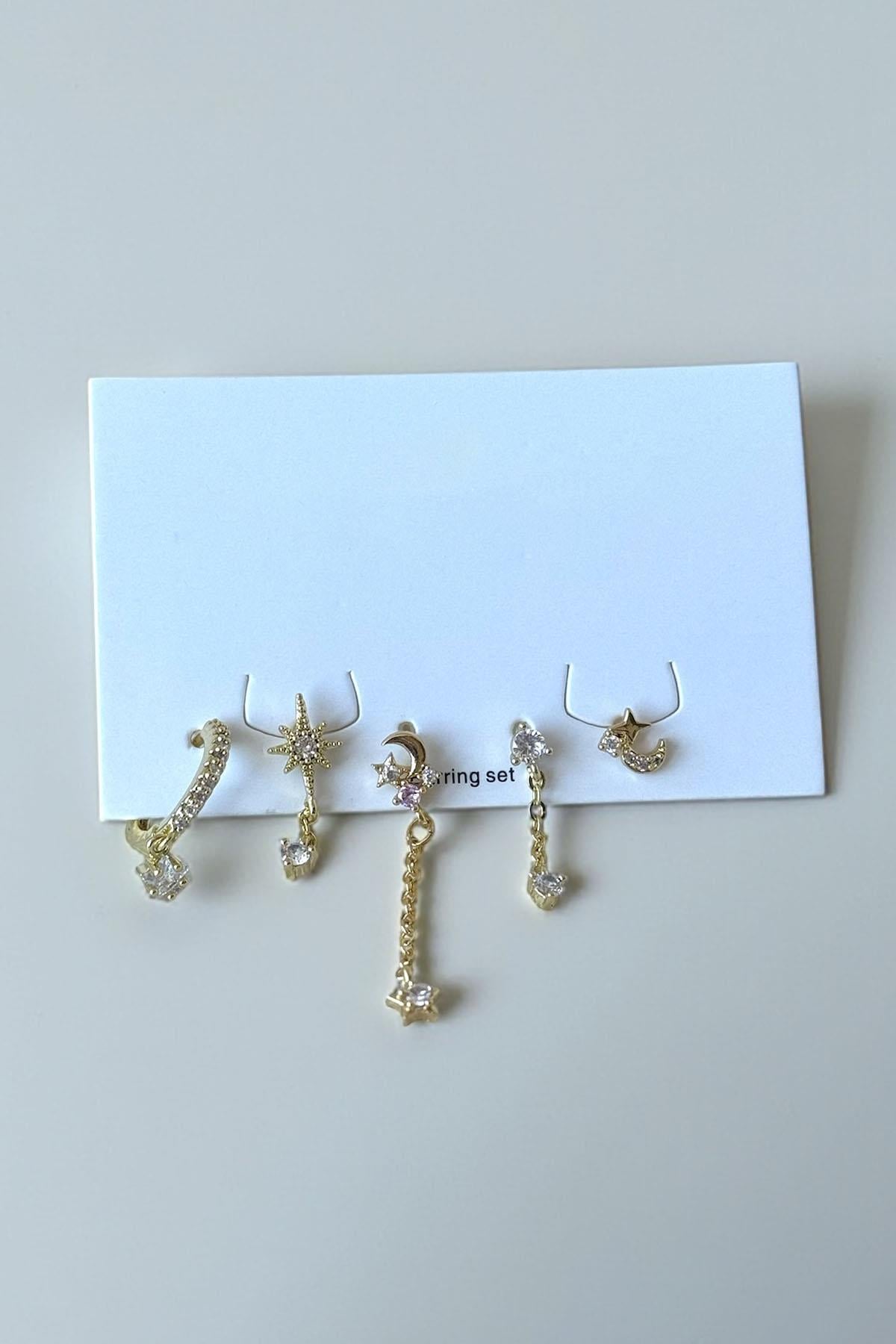 Altın Renk Karışık Figürlü Taş Detaylı 5'li Küpe Set