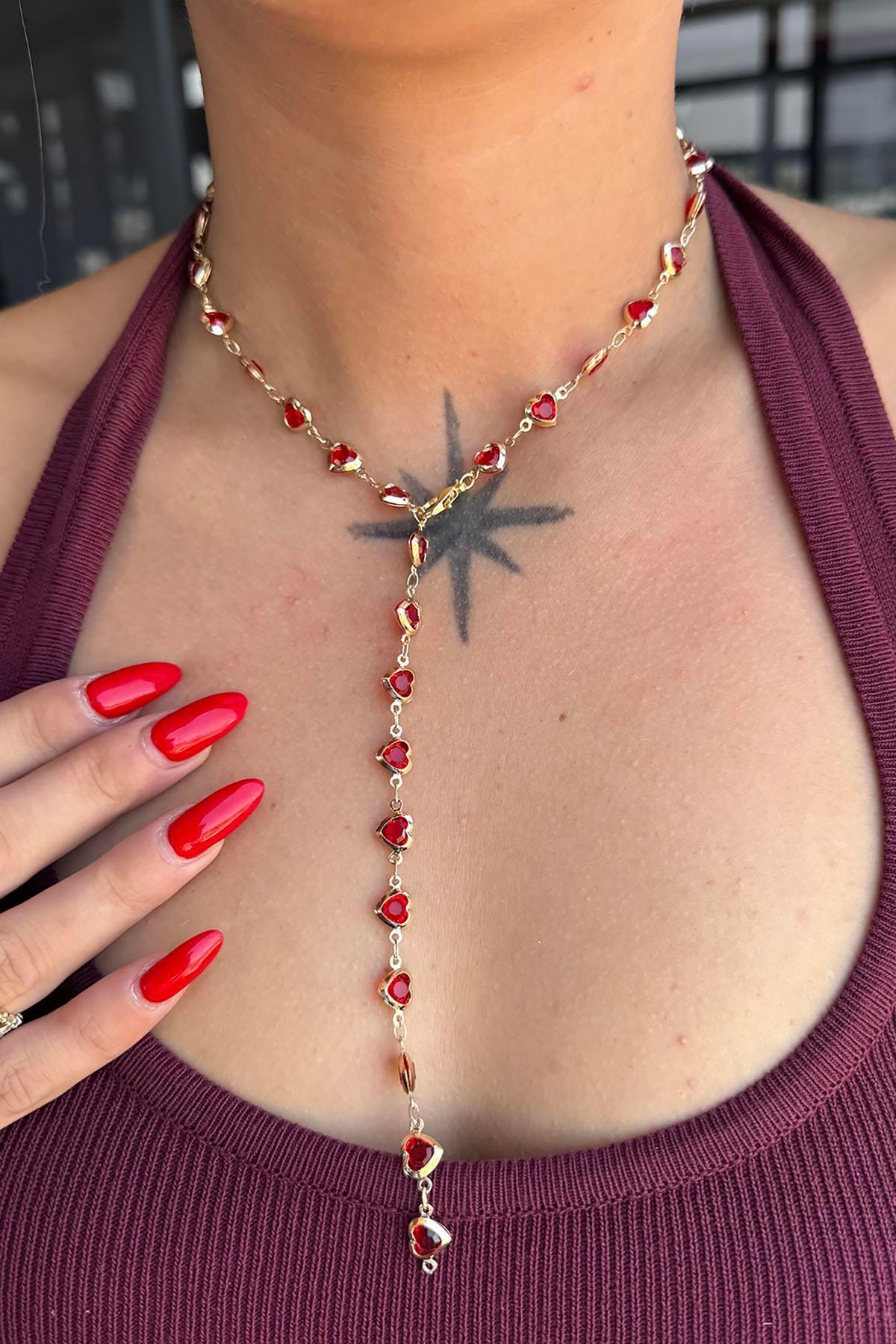 Altın Renk Kırmızı Taşlı Kalp Figürlü Çelik Y Kolye