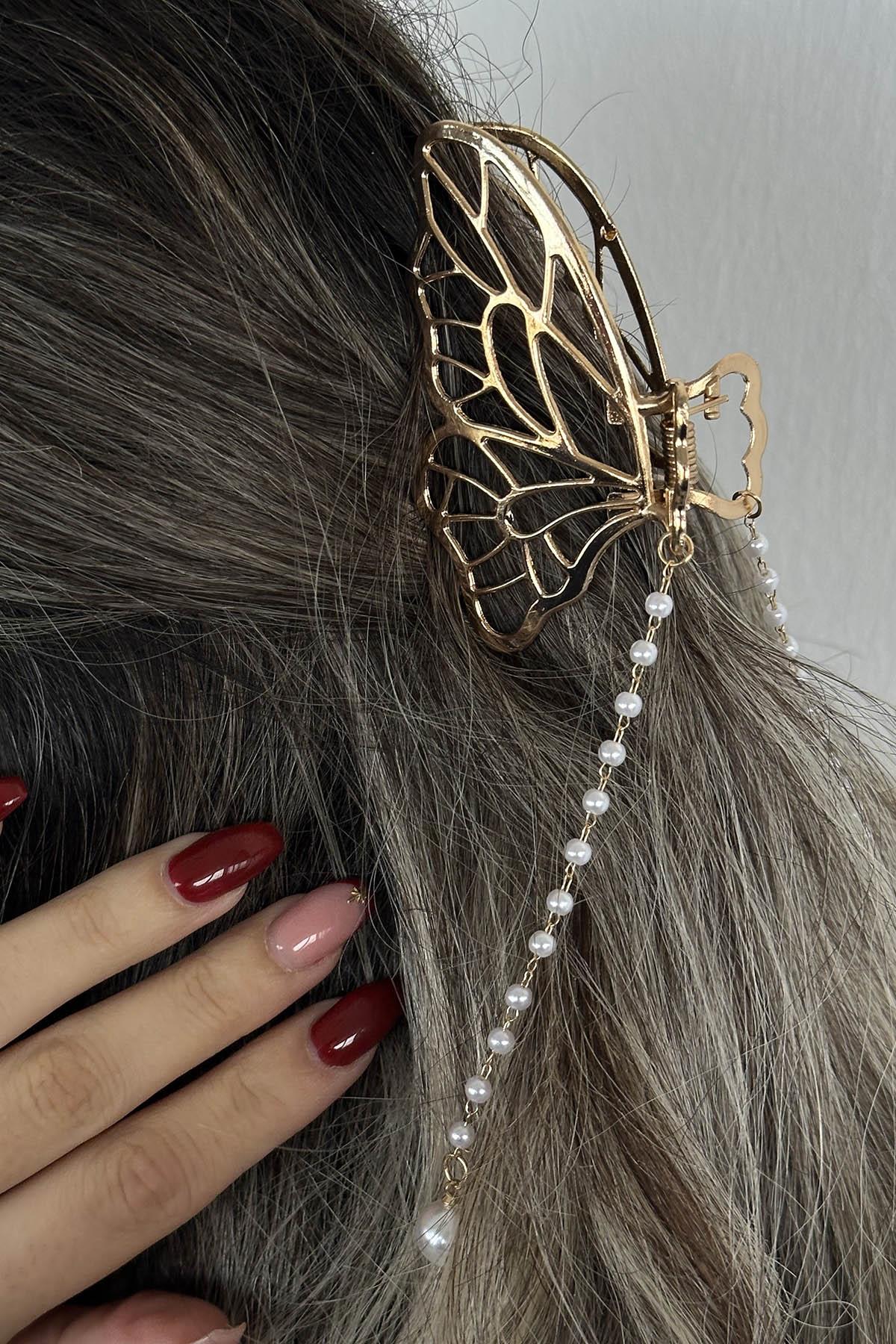 Altın Renk Kelebek Figürlü İnci Detaylı Sallantılı Metal Mandal Toka