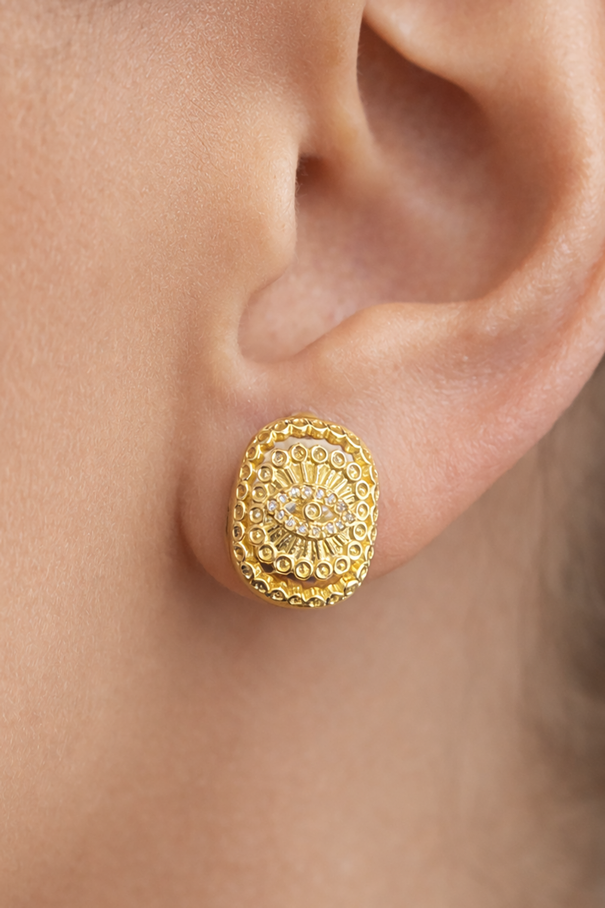 Altın Renk Göz Figürlü Taş Detaylı 14k Altın Kaplama Küpe (Çift)