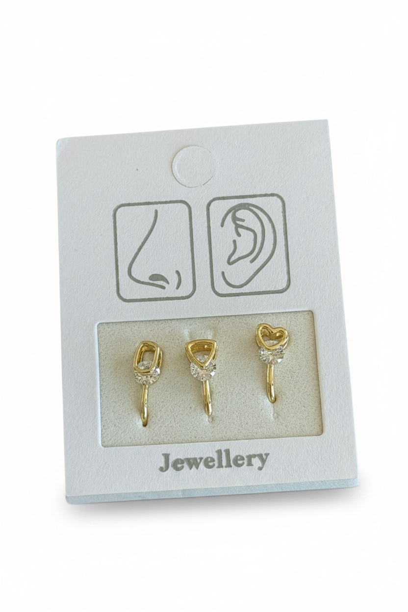 Altın Renk Karışık Figürlü Deliksiz Kulak/Burun 3'lü Piercing Set