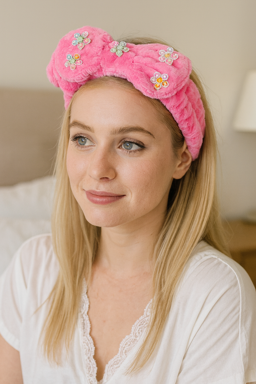 Pembe Renk Kurdele Figürlü Çiçek Detaylı Peluş Saç Bandı