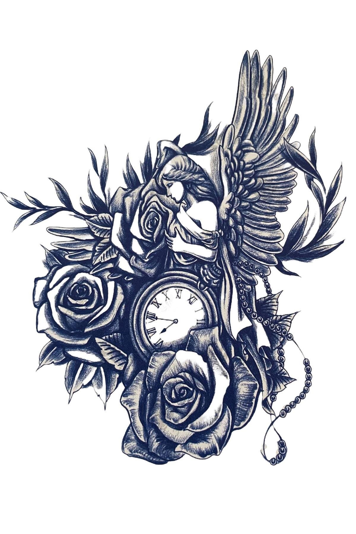 Çiçek Ve Saat Figürlü Sonradan Kararan Yarı Kalıcı Geçici Dövme Tattoo