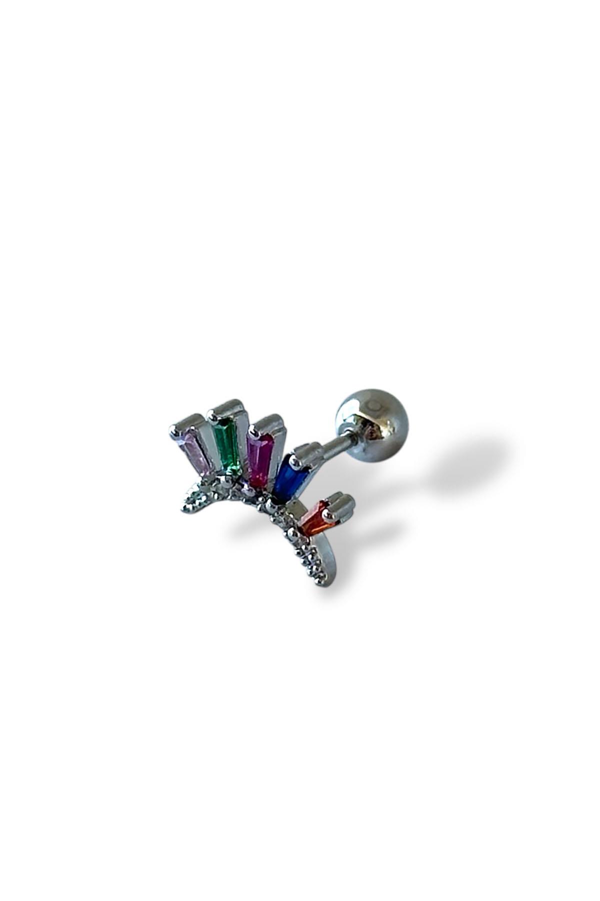 Gümüş Renk Taş Detaylı Çelik Tragus/Kıkırdak Küpe/Piercing (Tek)