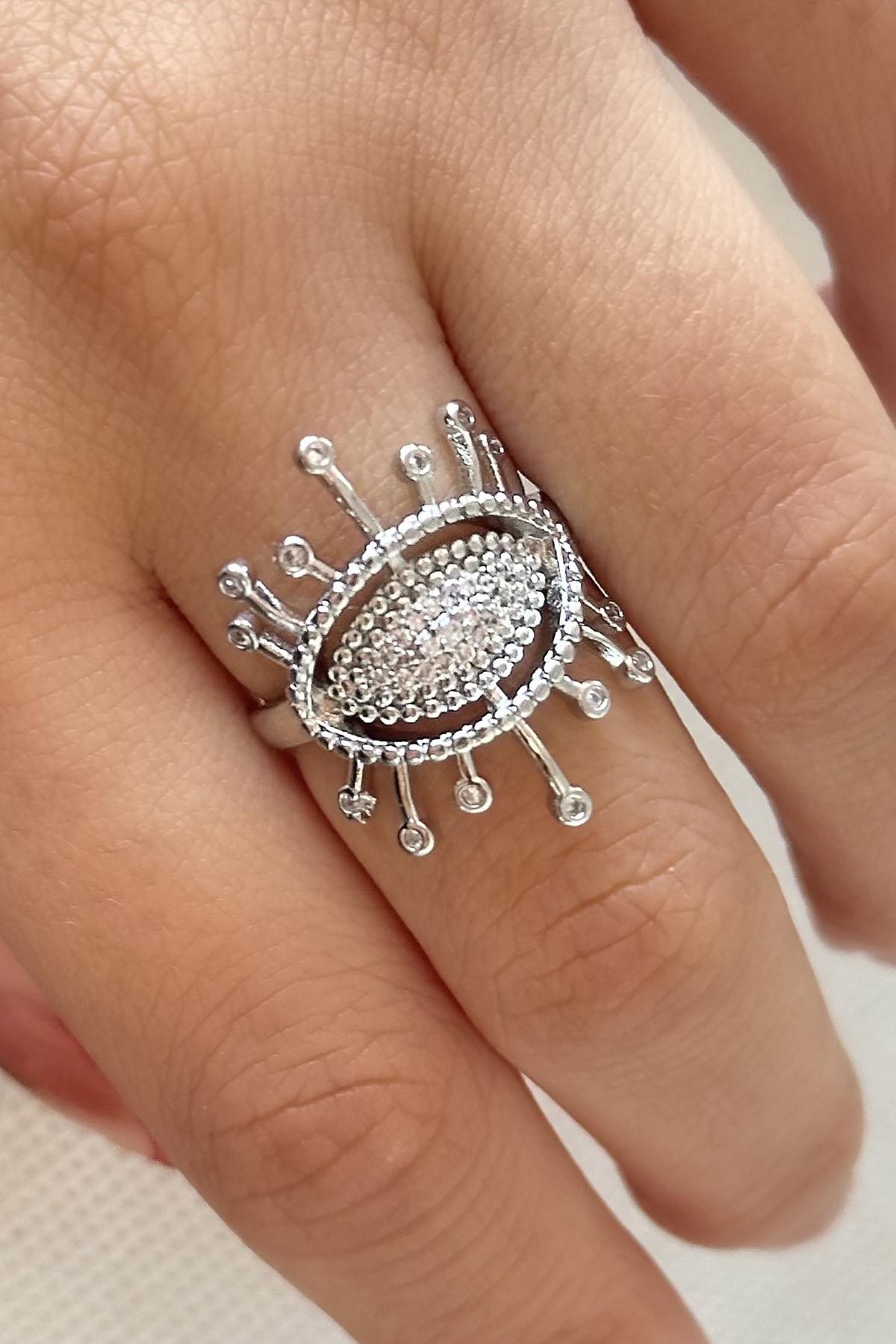 Gümüş Renk Taş Detaylı Ayarlanabilir Yüzük