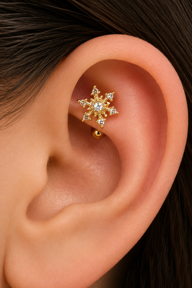 Altın Renk Kar Tanesi Figürlü Cerrahi Çelik Roof Küpe/Piercing (Tek)