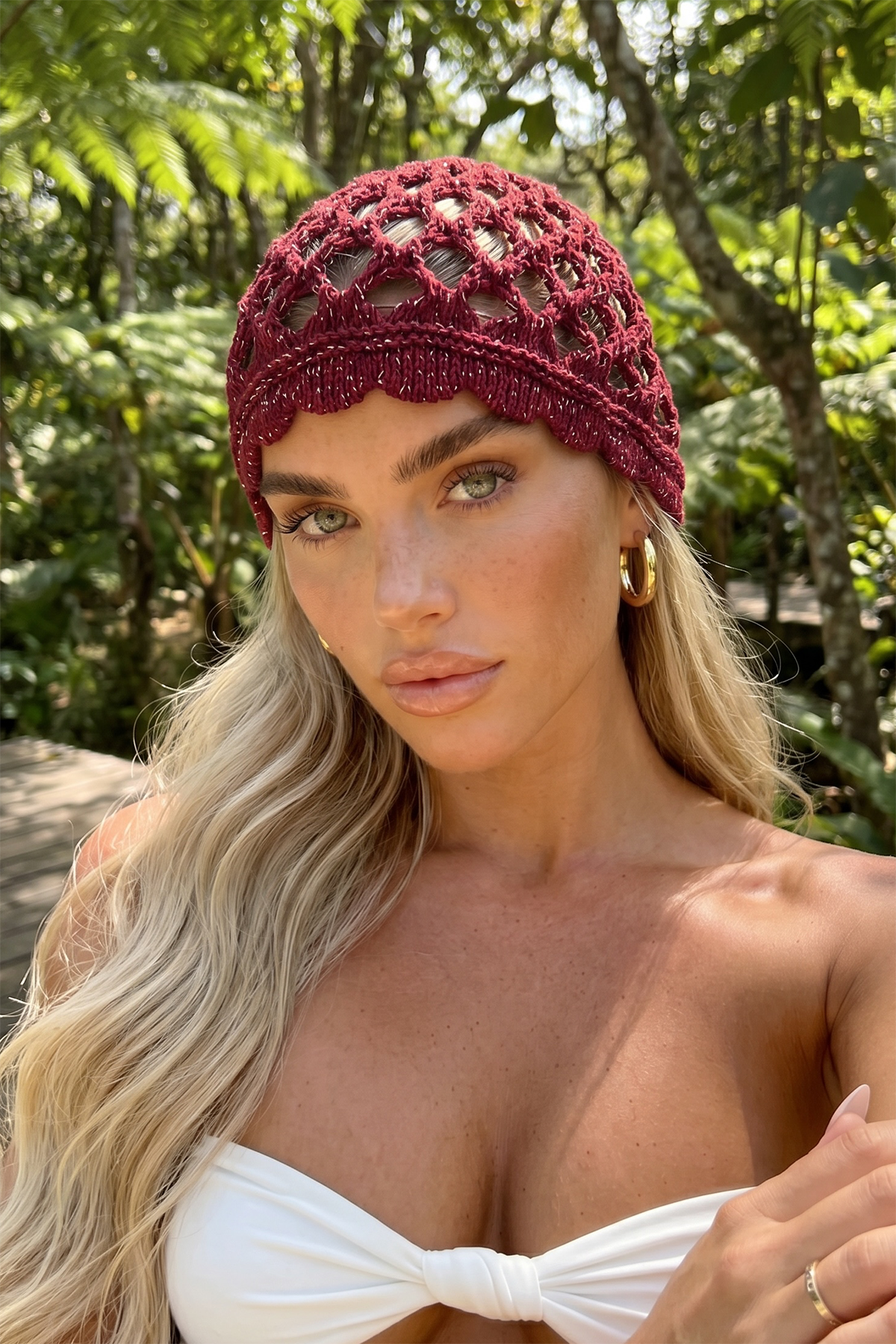Bordo Renk Simli File Örgü Saç Bandana