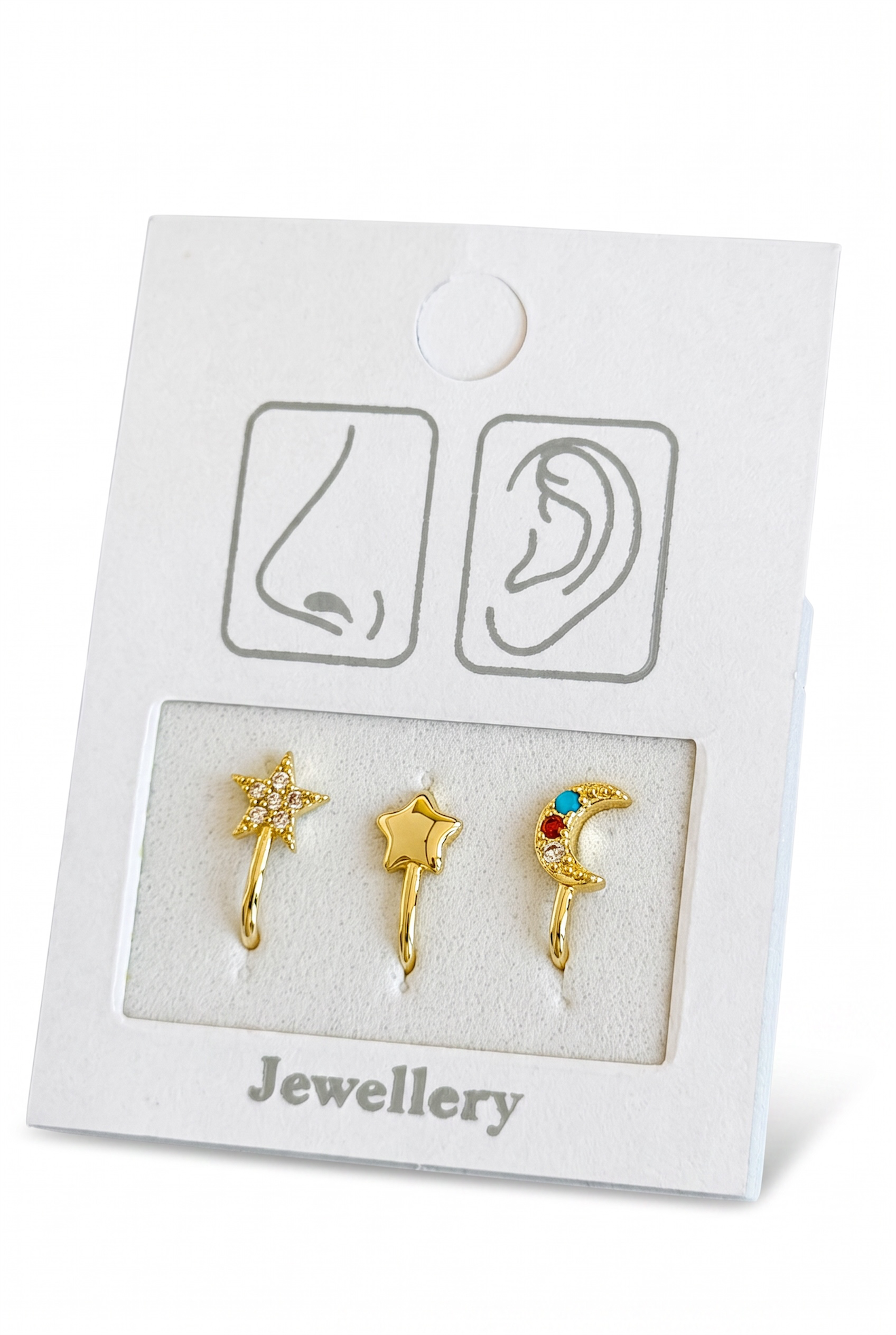 Altın Renk Karışık Figürlü Deliksiz Kulak/Burun 3'lü Piercing Set