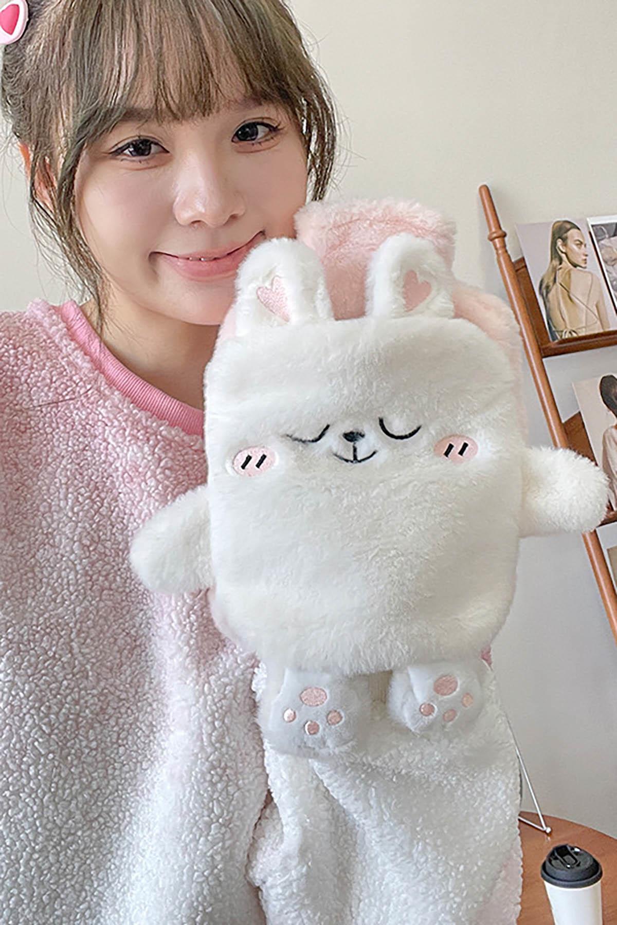 Beyaz Ve Pembe Renk Tavşan Figürlü Peluş Sıcak Su Torbası