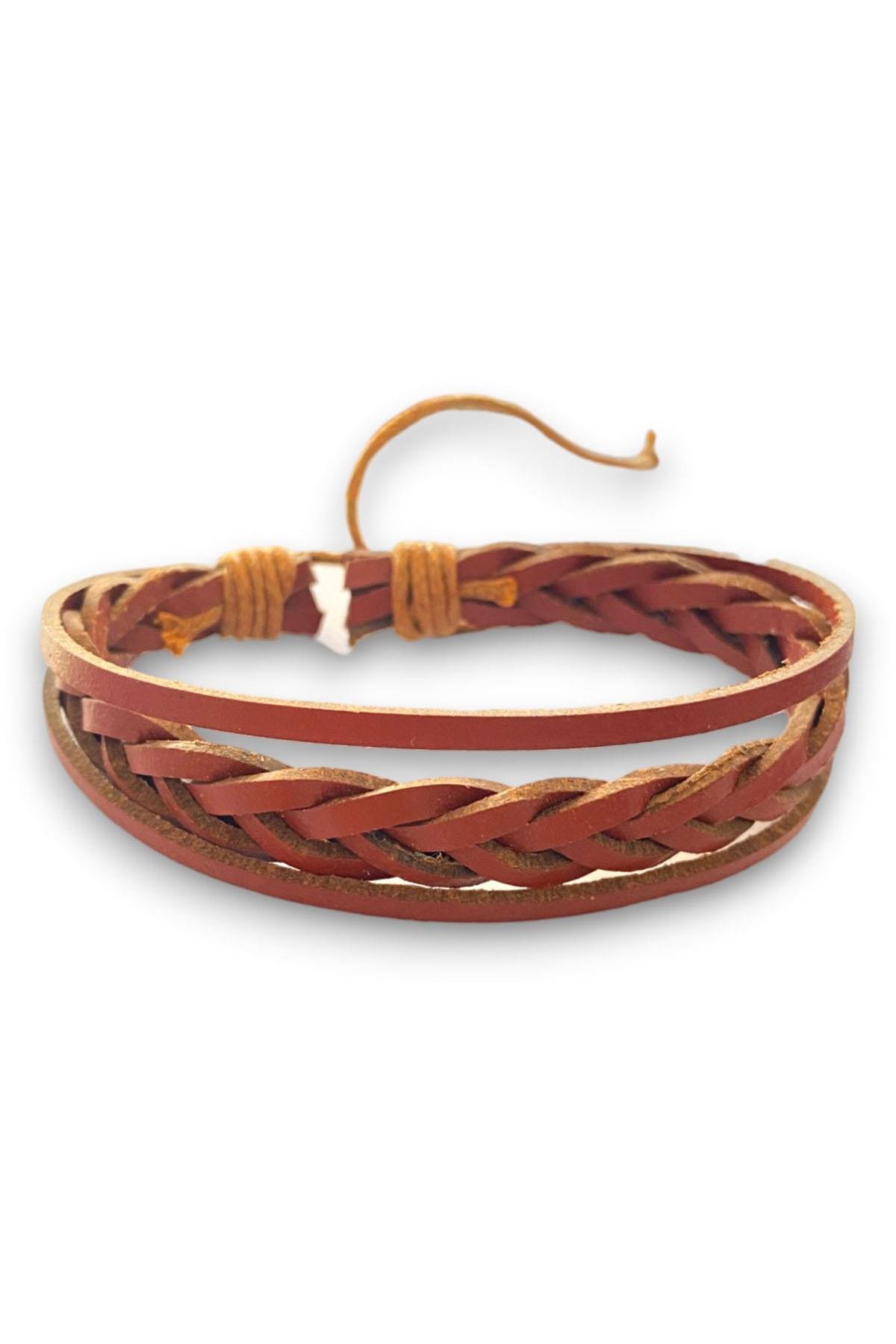 Açık Kahverengi Örgü Figürlü Deri Erkek Bileklik