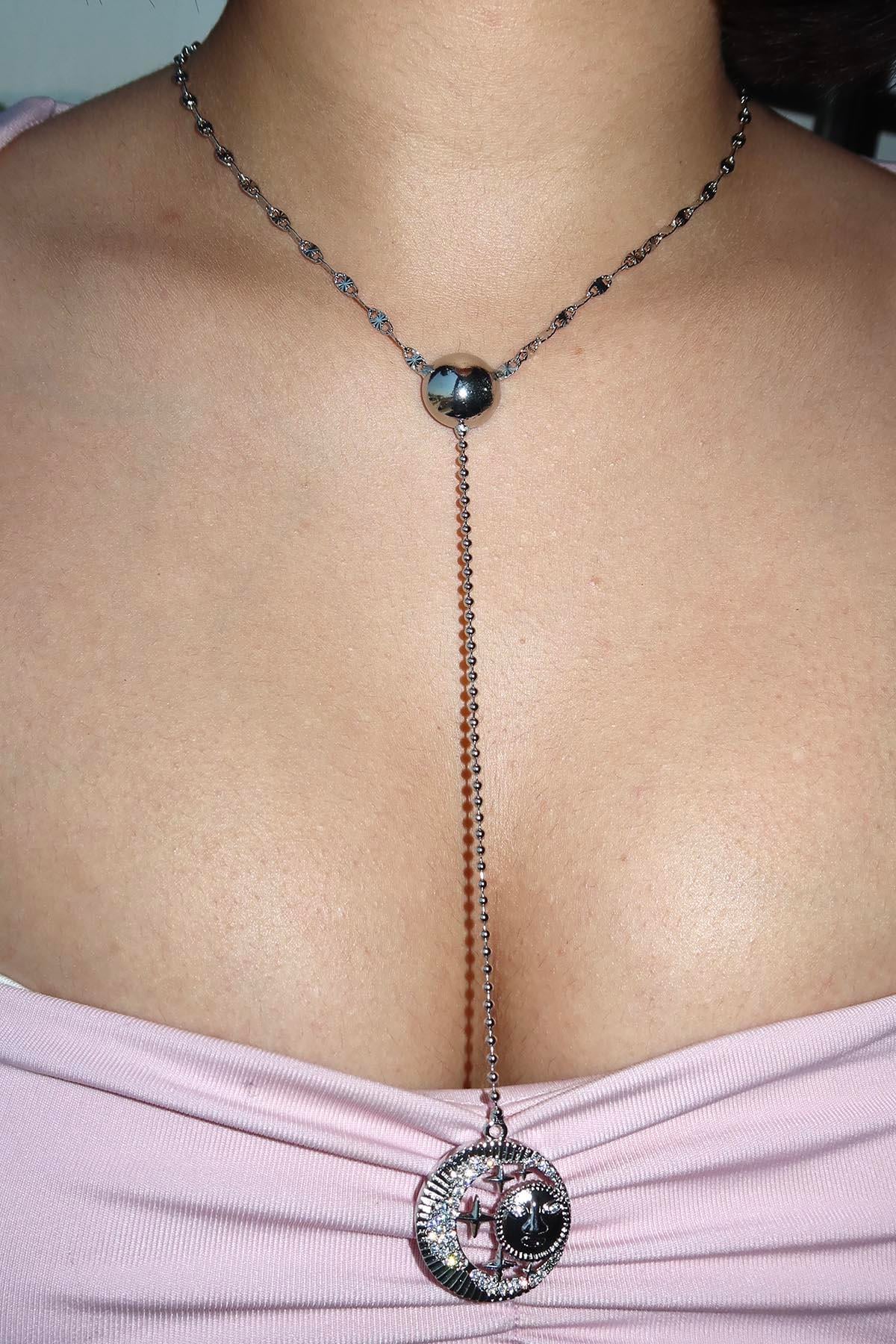 Gümüş Renk Ay Ve Yıldız Figürlü Taş Detaylı Y Kolye