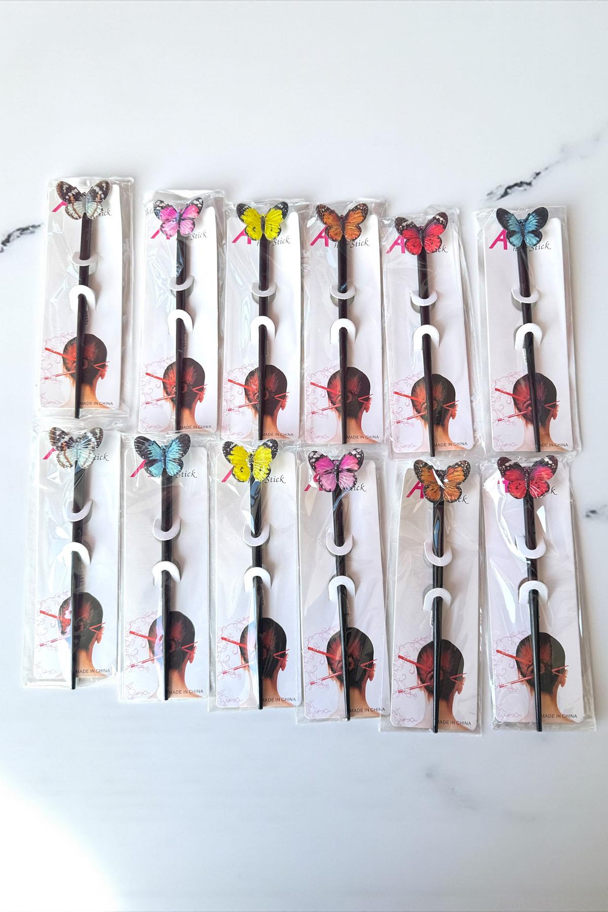 12'li Karışık Renk Kelebek Figürlü Topuz Kalemi/ Tokası Set