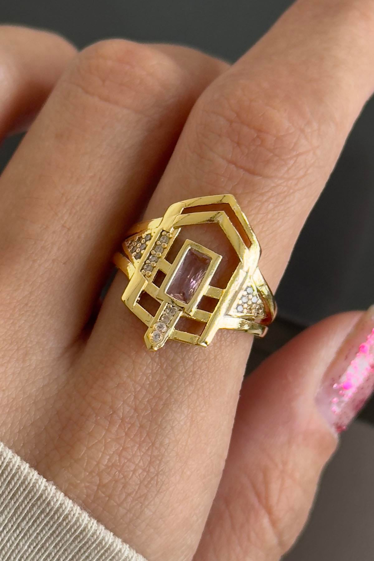 Altın Renk Pembe Taş Detaylı Ayarlanabilir Yüzük