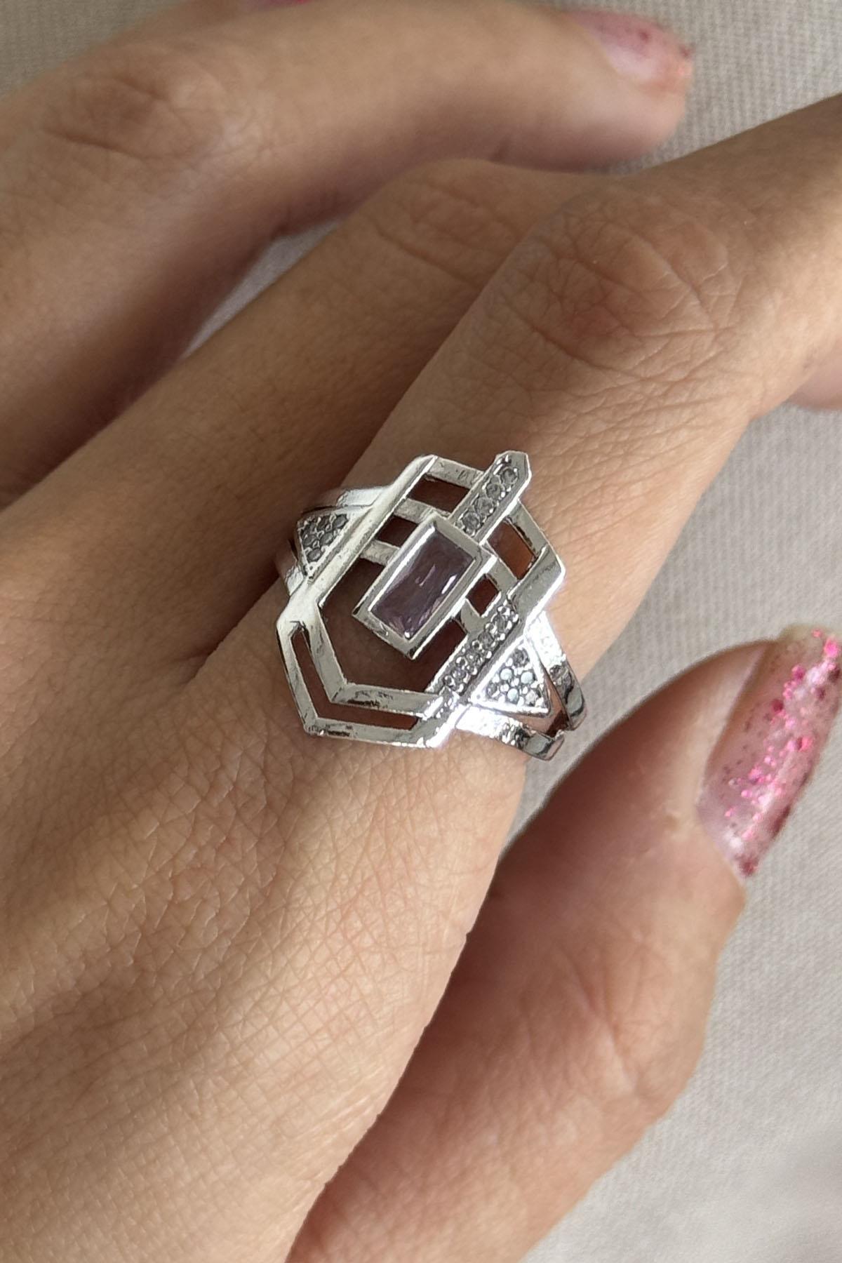 Gümüş Renk Pembe Taş Detaylı Ayarlanabilir Yüzük