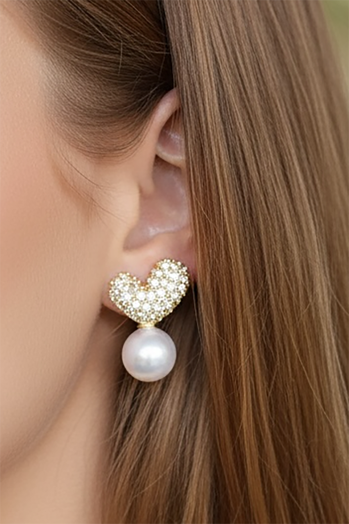 Altın Renk Kalp Figürlü Taş Ve İnci Detaylı 14K Altın Kaplama Küpe (Çift)