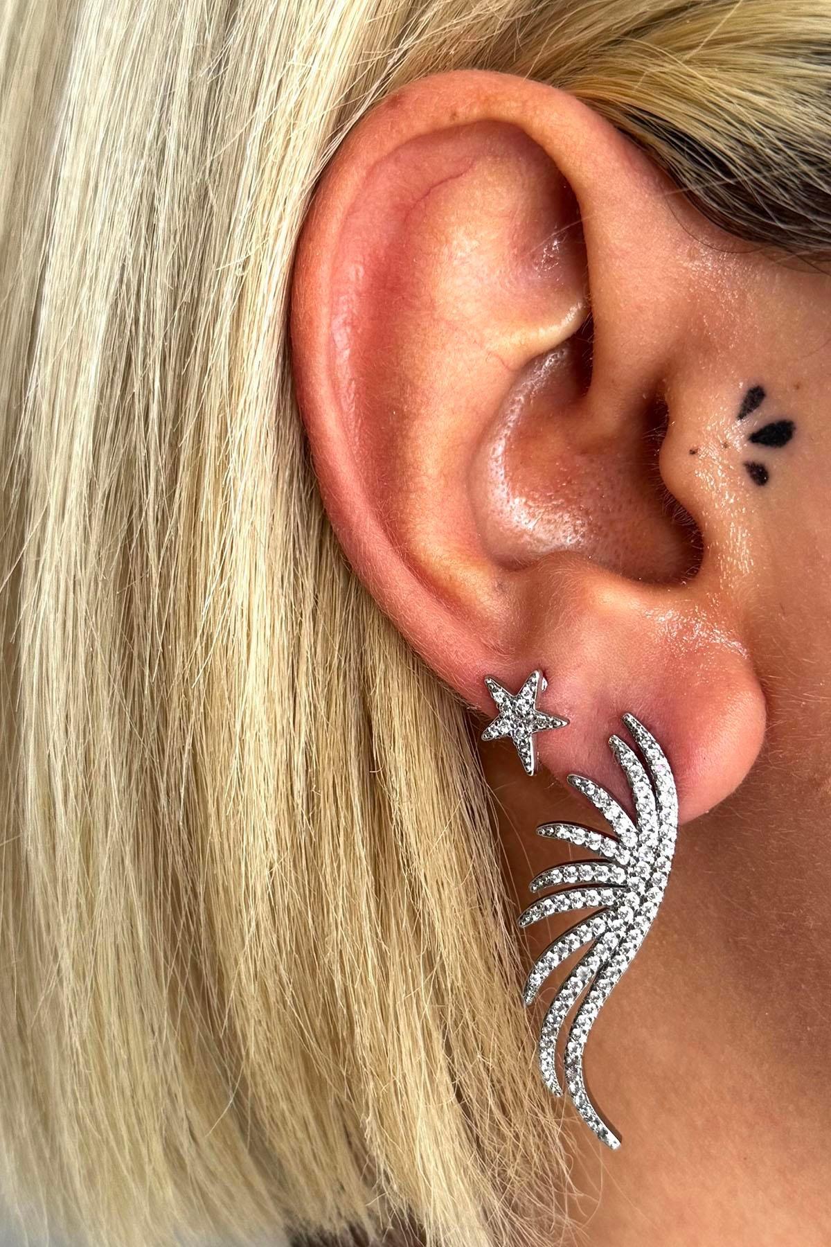 Gümüş Renk Kanat Ve Yıldız Figürlü Taş Detaylı Küpe (Çift)