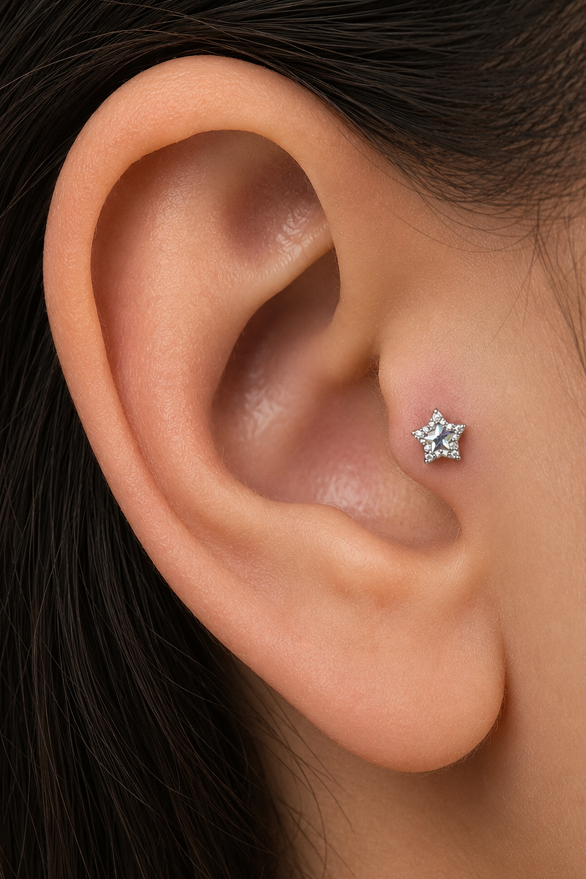 Gümüş  Renk Yıldız Figürlü   Taşlı Cerrahi Çelik Tragus/Kıkırdak Küpe/Piercing (Tek)