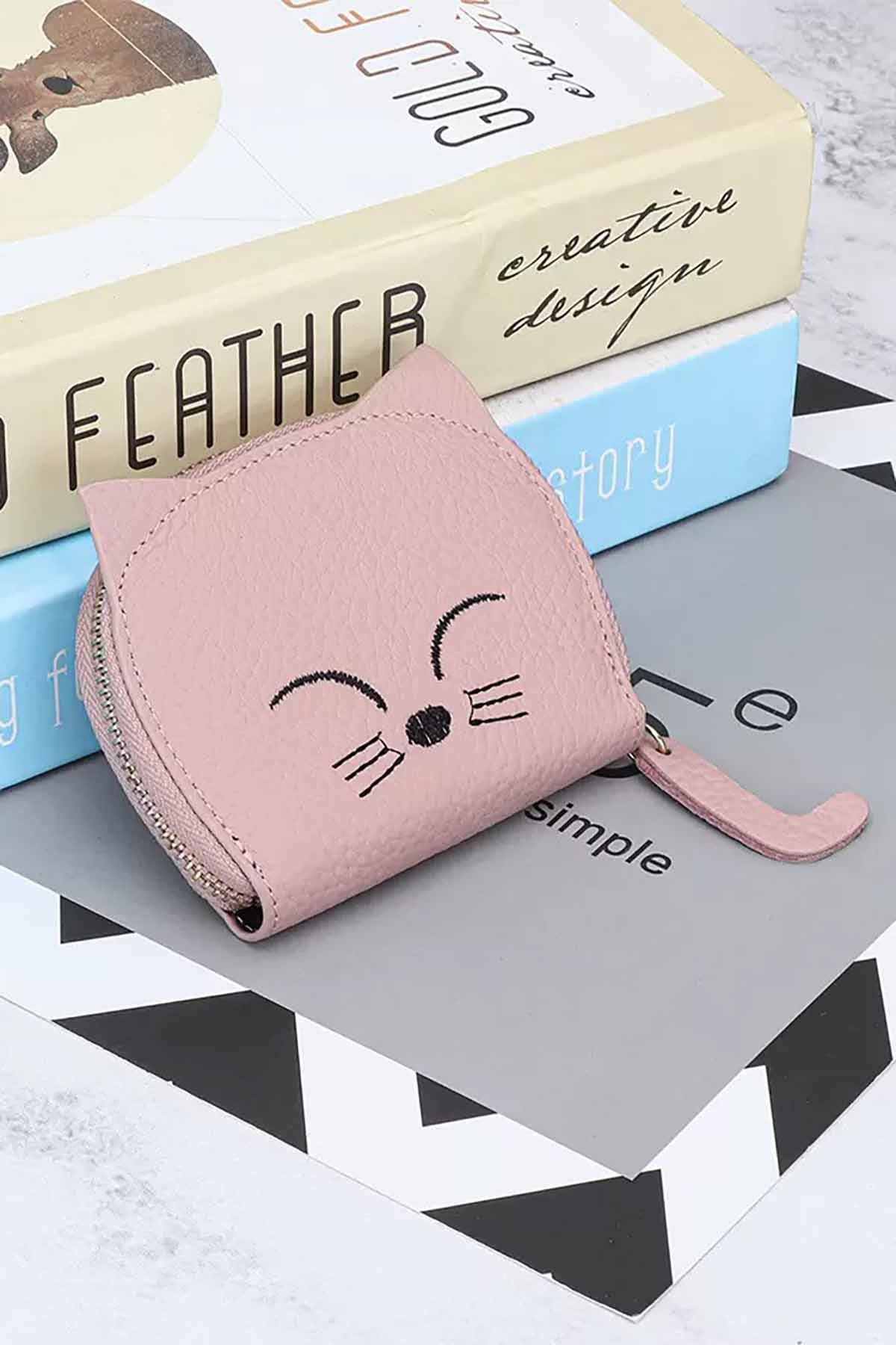 Açık Pembe Renk Kedi Figürlü Cüzdan/Kartlık