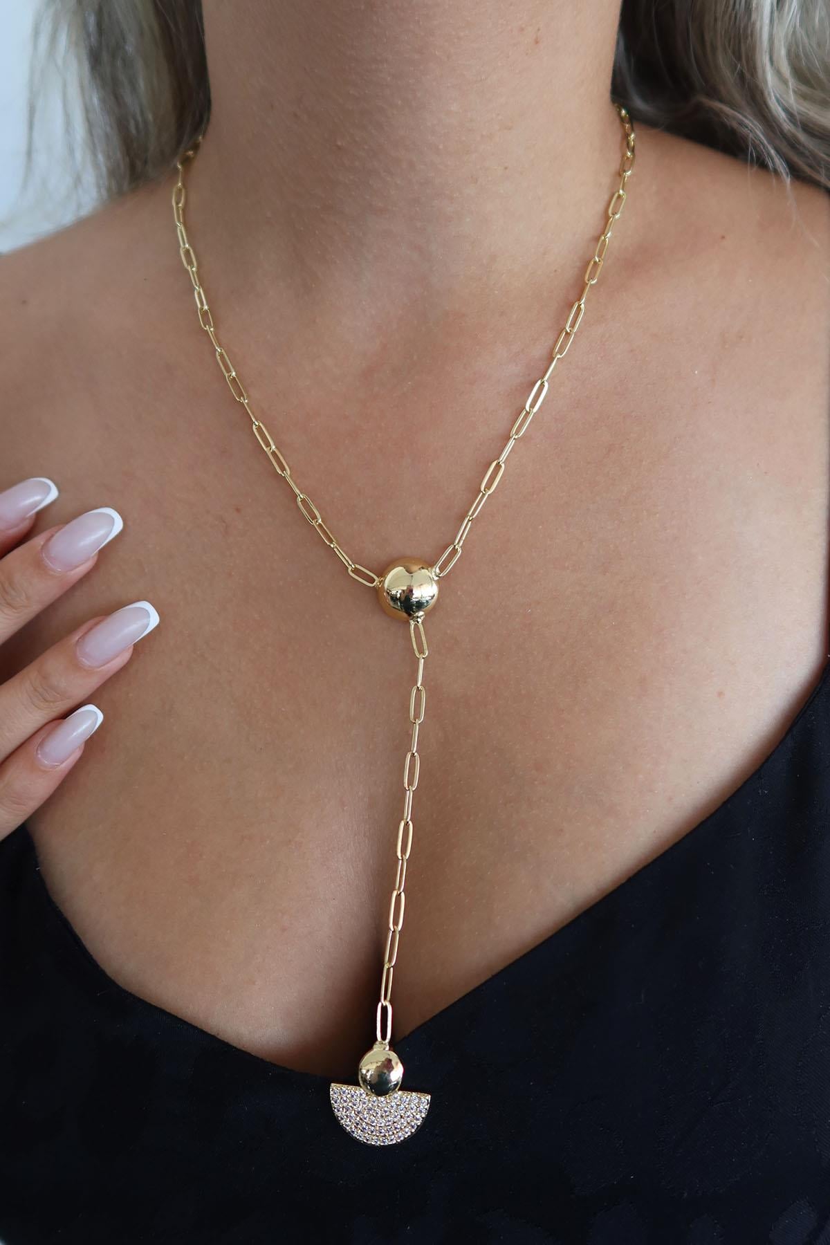 Altın Renk Taş Detaylı Y Kolye