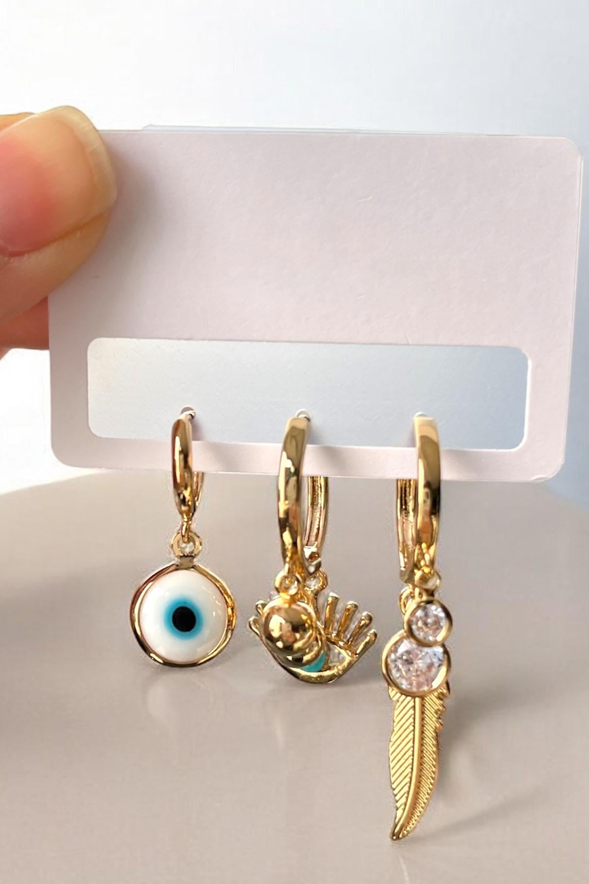 Altın Renk 3'lü Karışık Figürlü Çelik Küpe Set