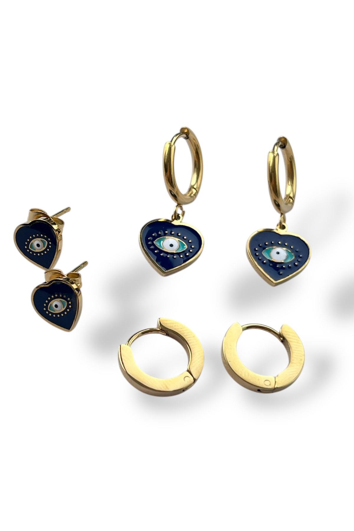 Altın Renk 6'lı Karışık Figürlü Çelik Küpe Set