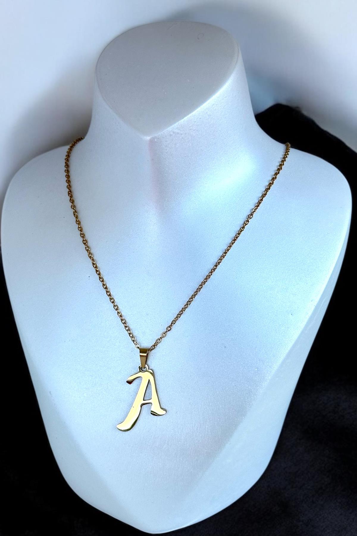 Altın Renk A Harf Figürlü Küpe Ve Kolye Set