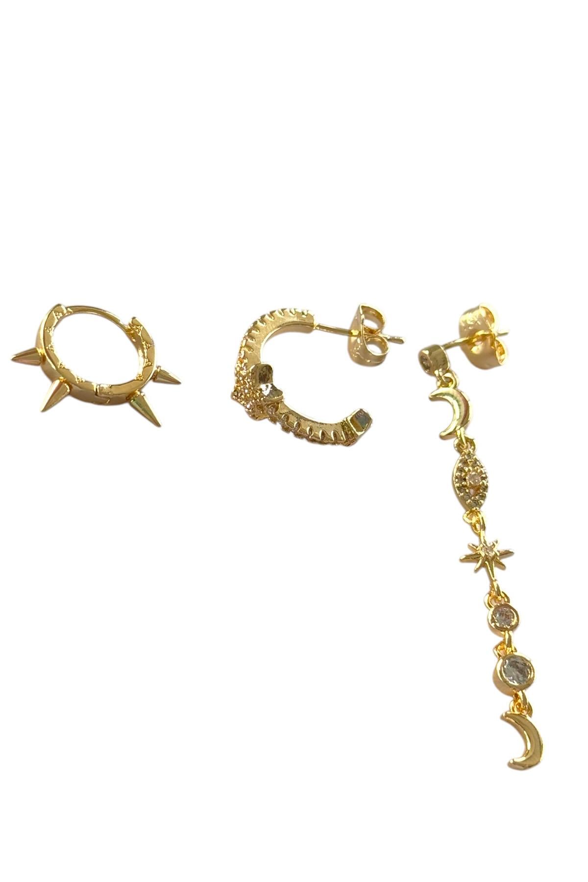 Altın Renk Ay Ve Yıldız Figürlü Taş Detaylı VİP 3'lü YSX Küpe Set