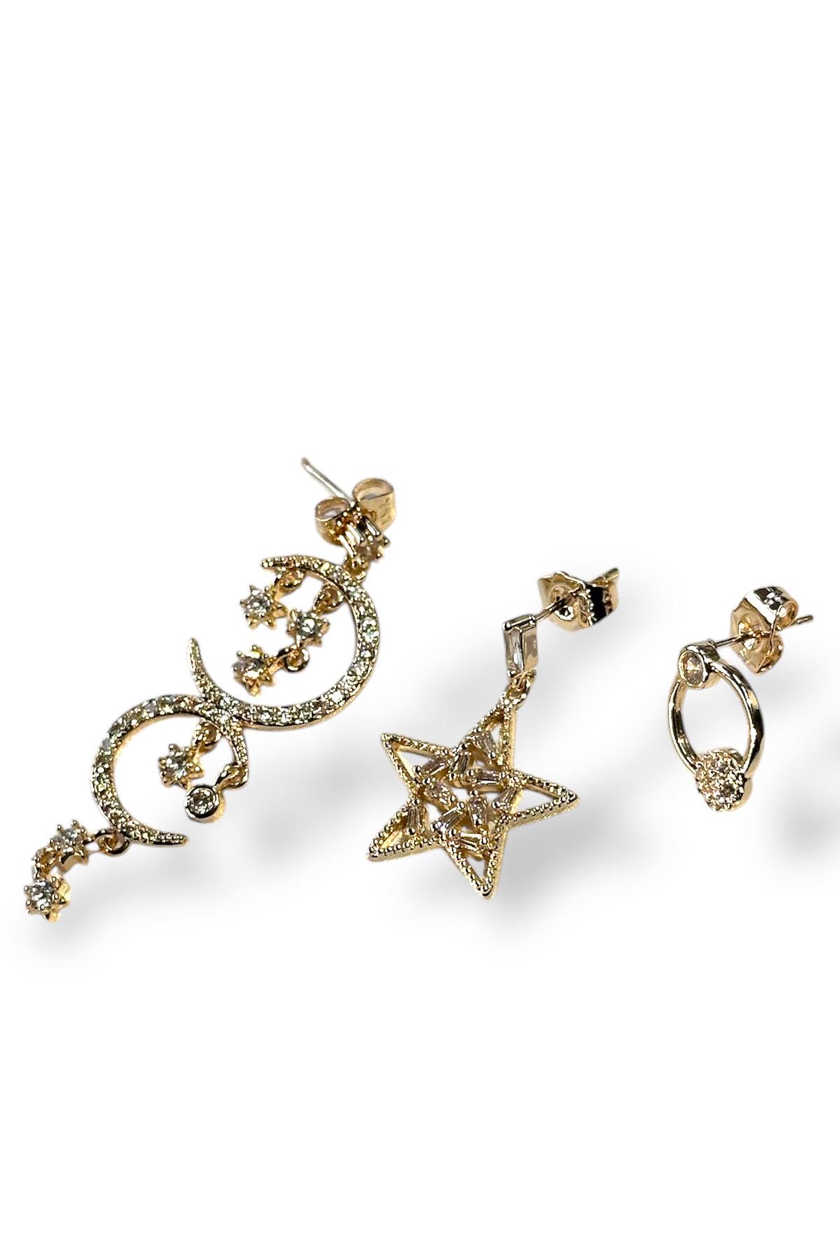 Altın Renk Ay ve Yıldız Figürlü VİP 3'lü YSX Küpe Set