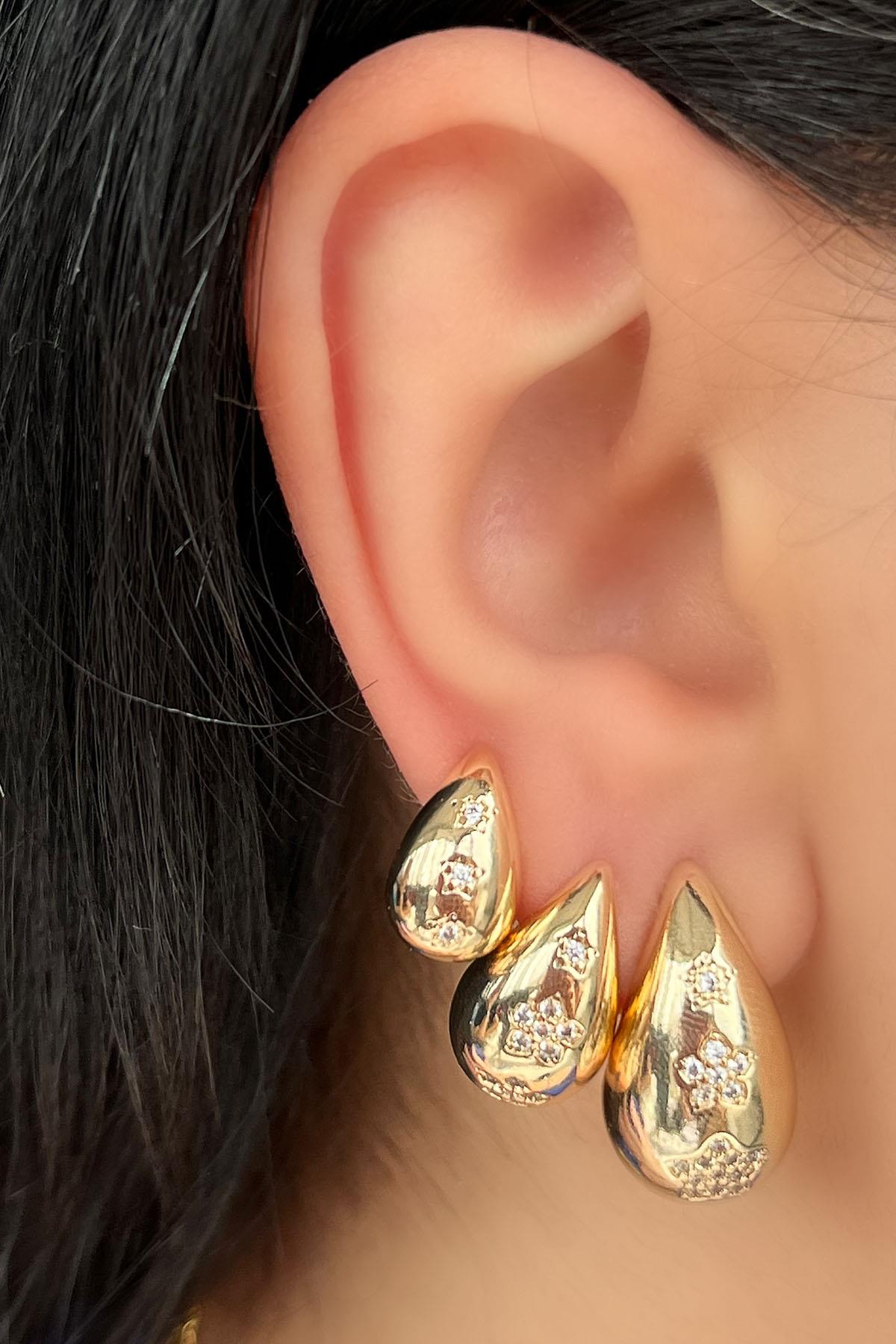 Altın Renk Bottaga Figürlü Çiçek Detaylı VİP 3'lü YSX Küpe Set