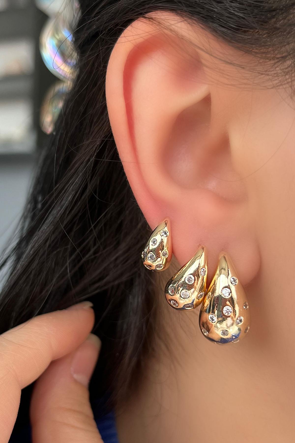 Altın Renk Bottega Figürlü Taş Detaylı VİP 3'lü YSX Küpe Set