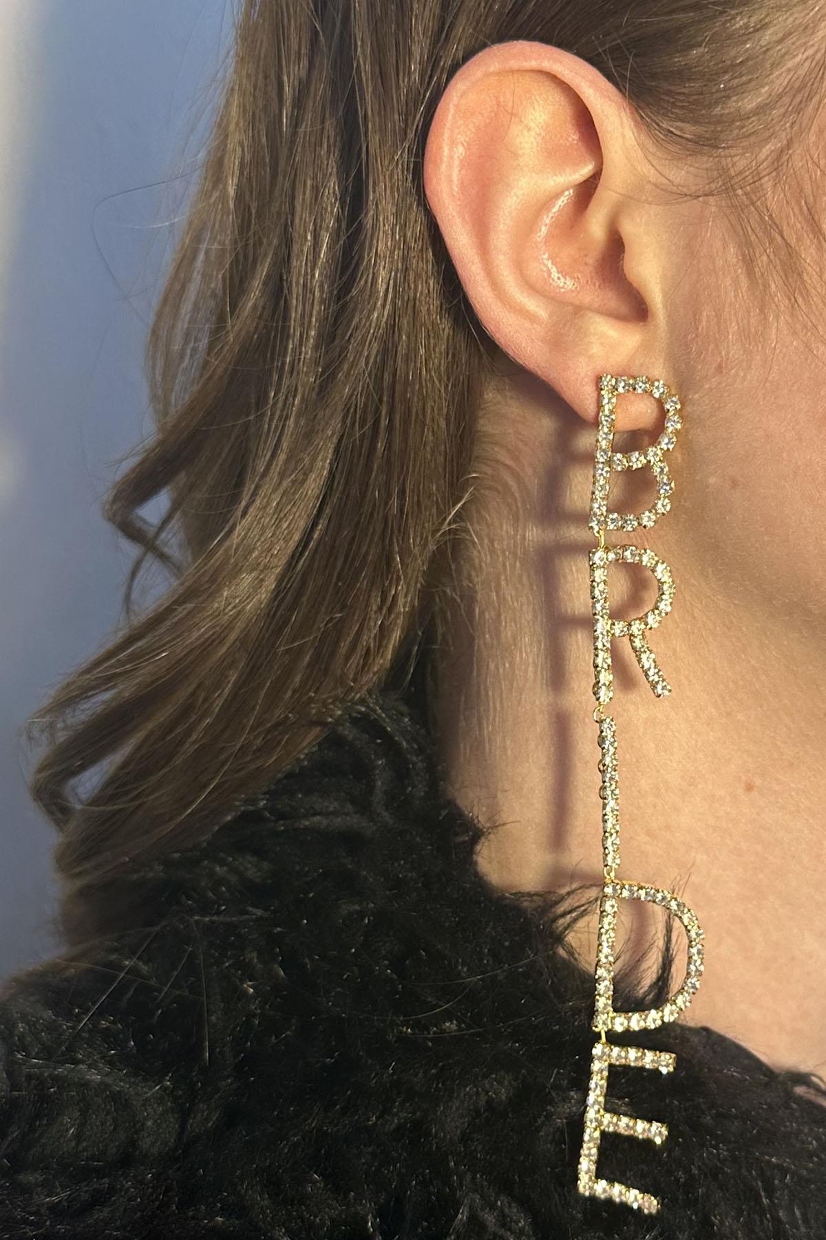 Altın Renk Bride Yazılı Taş Detaylı Abiye Küpe (Çift)