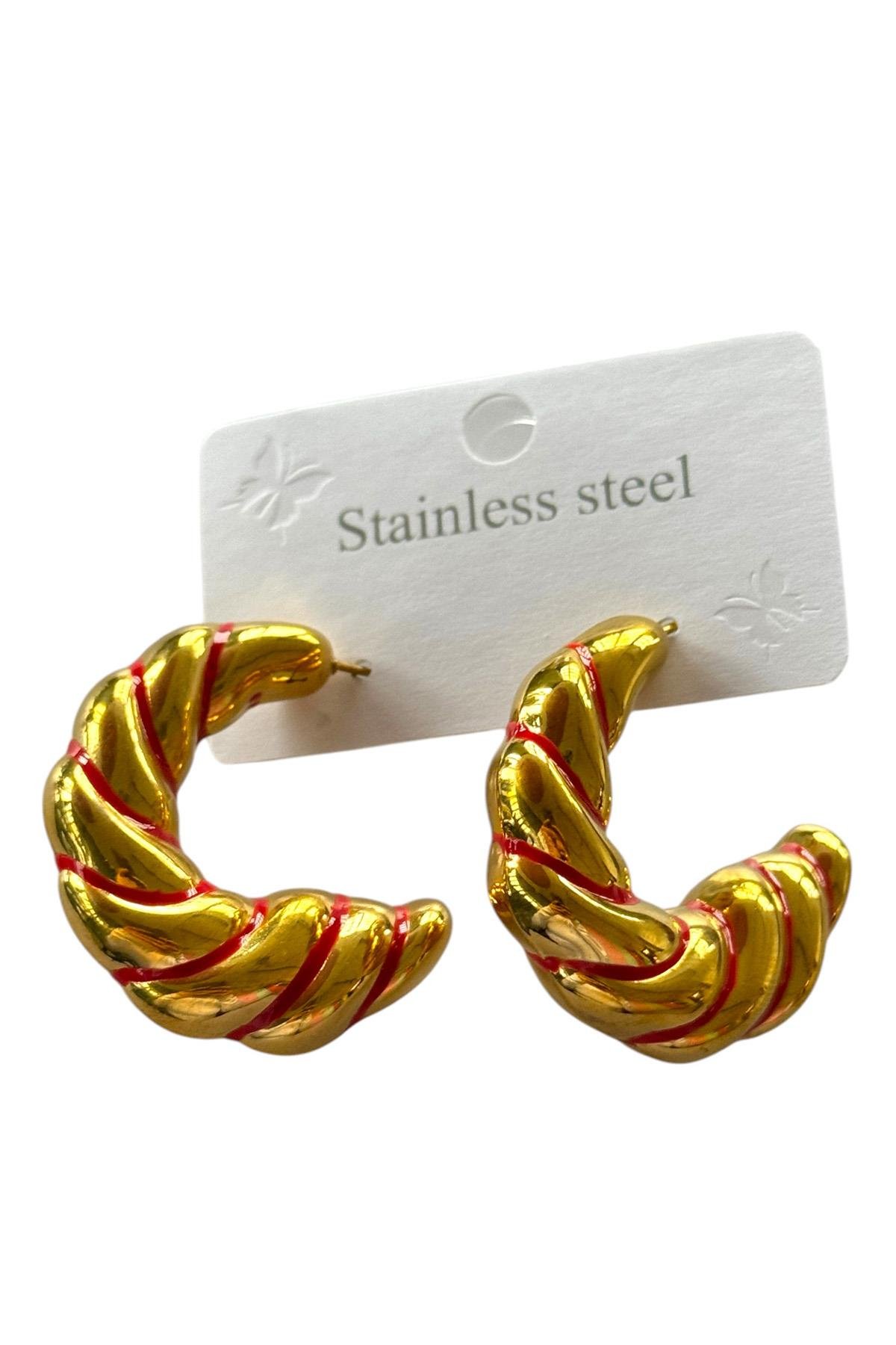 Altın Renk Burgu Detaylı Çelik HalkaKüpe (Çift)