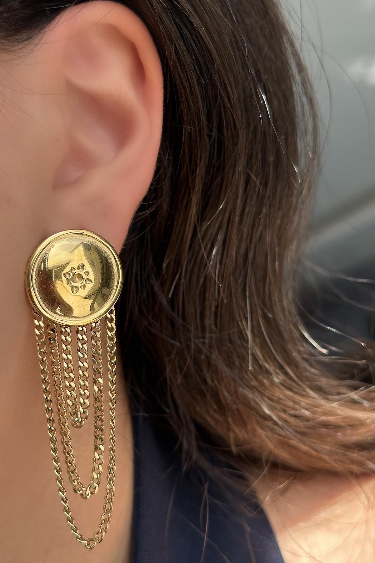 Altın Renk Çelik Sallantılı Küpe (Çift)