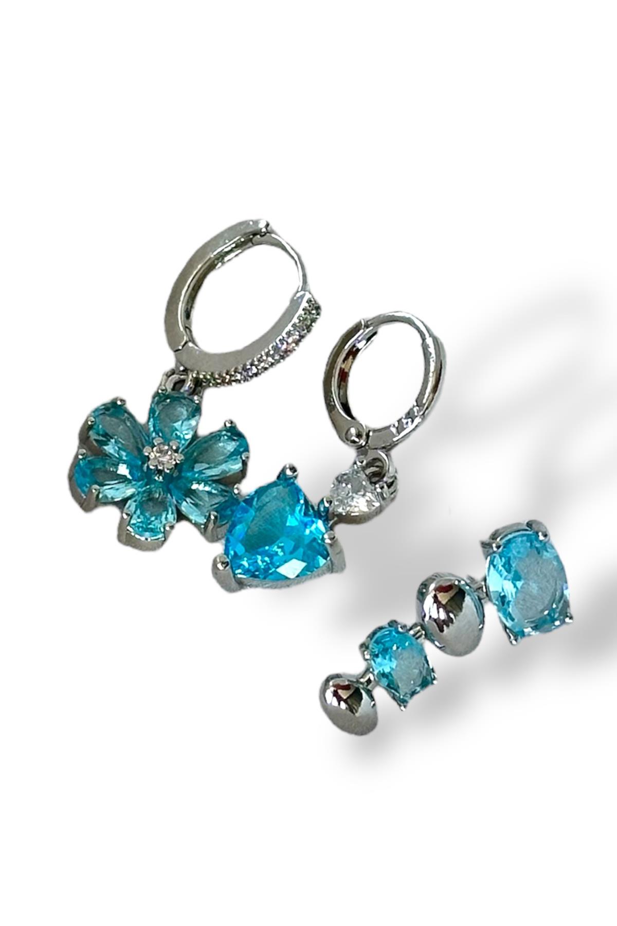 Gümüş Renk Çiçek Figürlü Mavi Taş Detaylı VİP 3'lü YSX Küpe Set