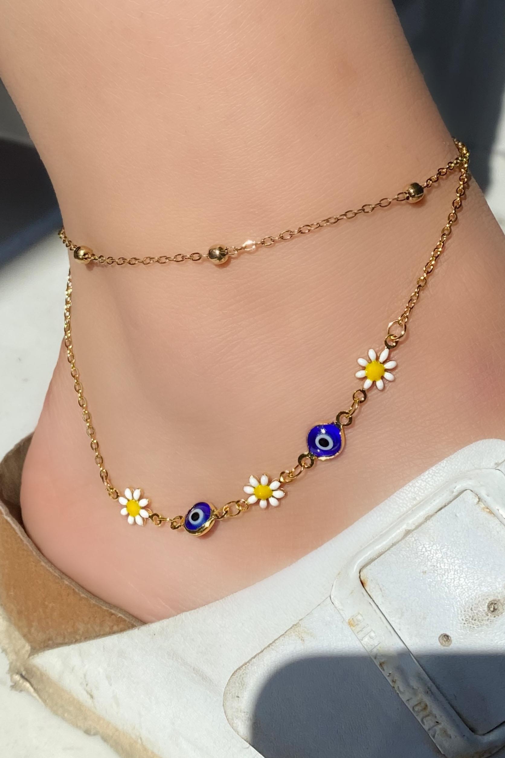 Altın Renk Çiçek Figürlü Nazar Boncuğu Detaylı Çelik Halhal