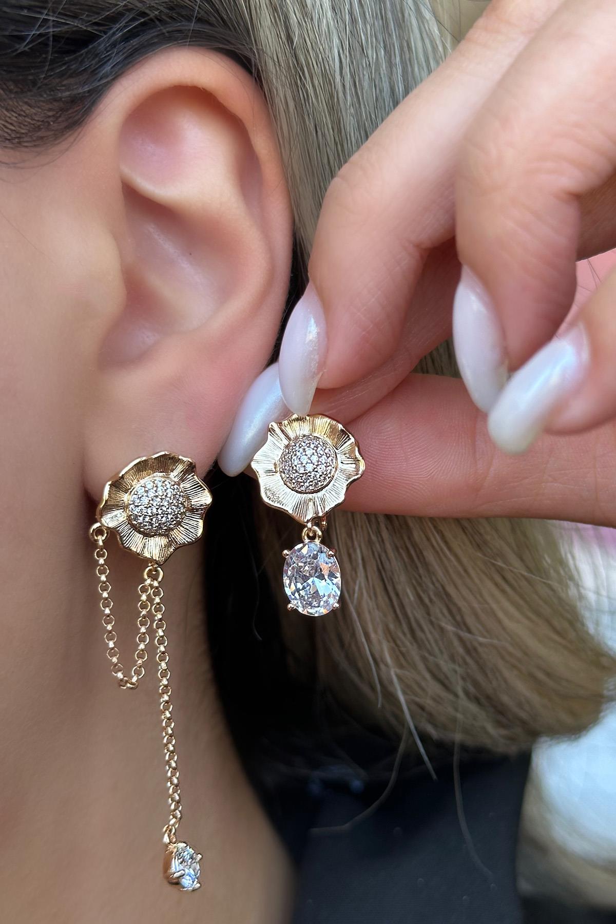 Altın Renk Çiçek Figürlü Taş Detaylı Çelik Xuping Küpe (Çift)