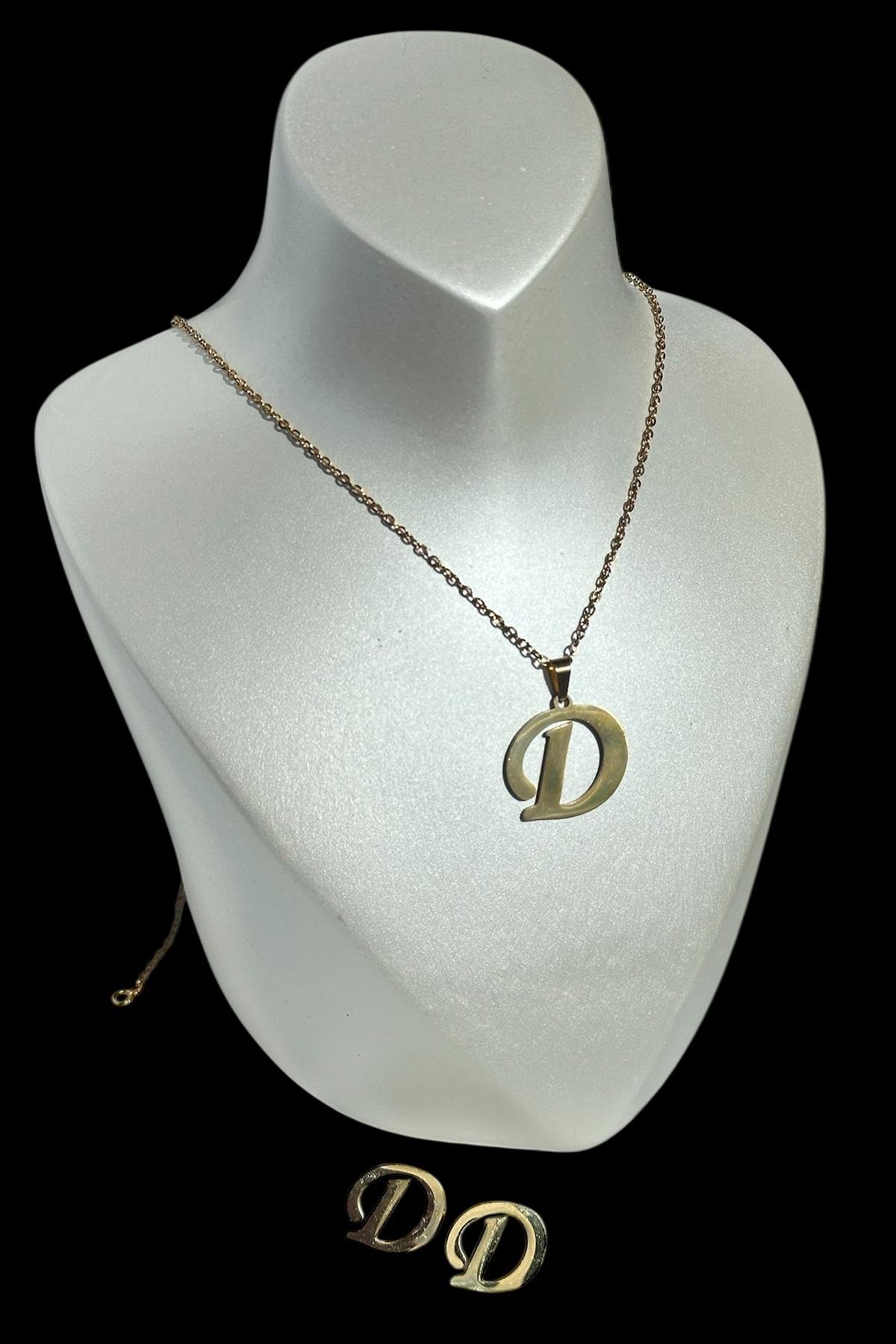 Altın Renk D Harfli Çelik Kolye Ve Küpe Set