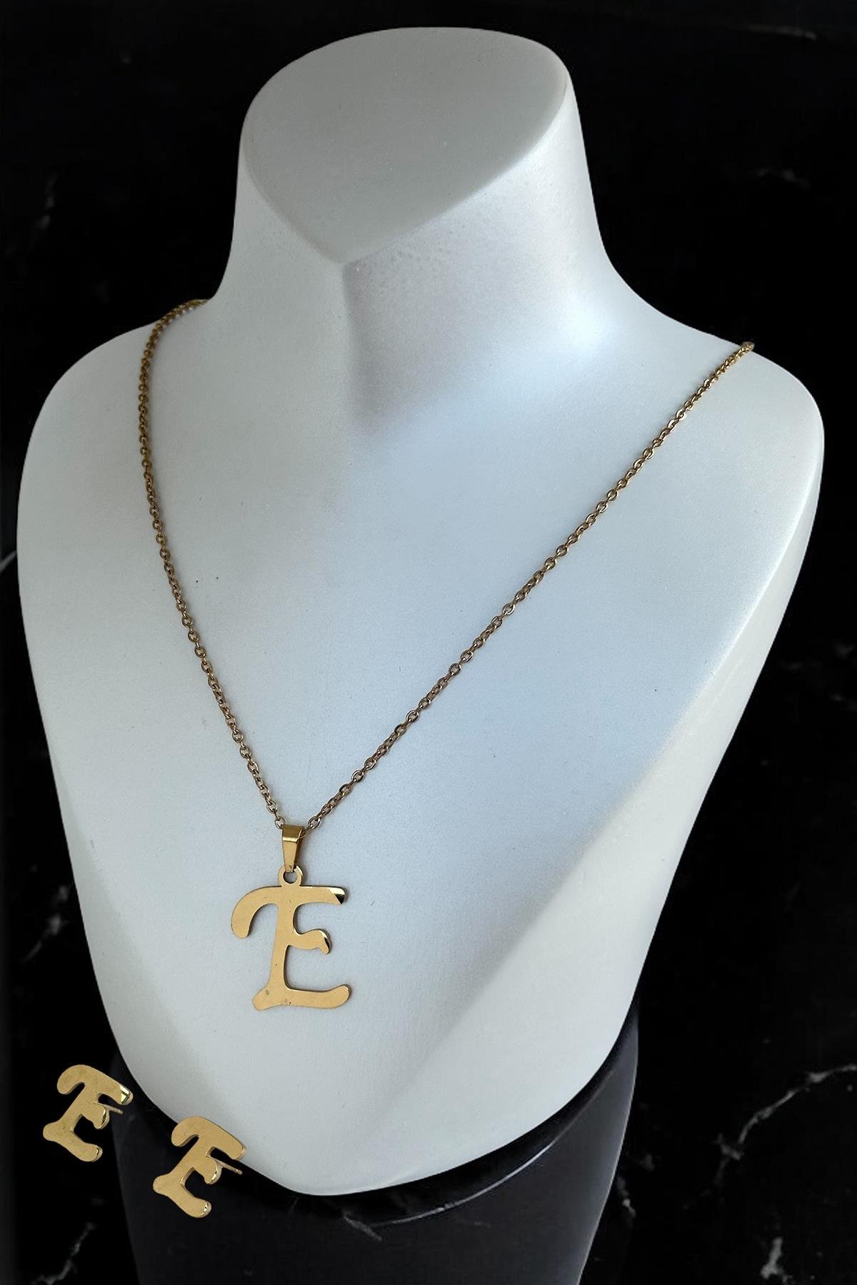 Altın Renk E Harfli Çelik Kolye Ve Küpe Set