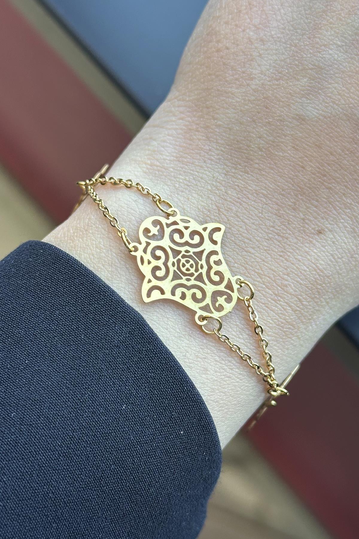 Altın Renk Fatma Ana Eli Figürlü Çelik Bileklik