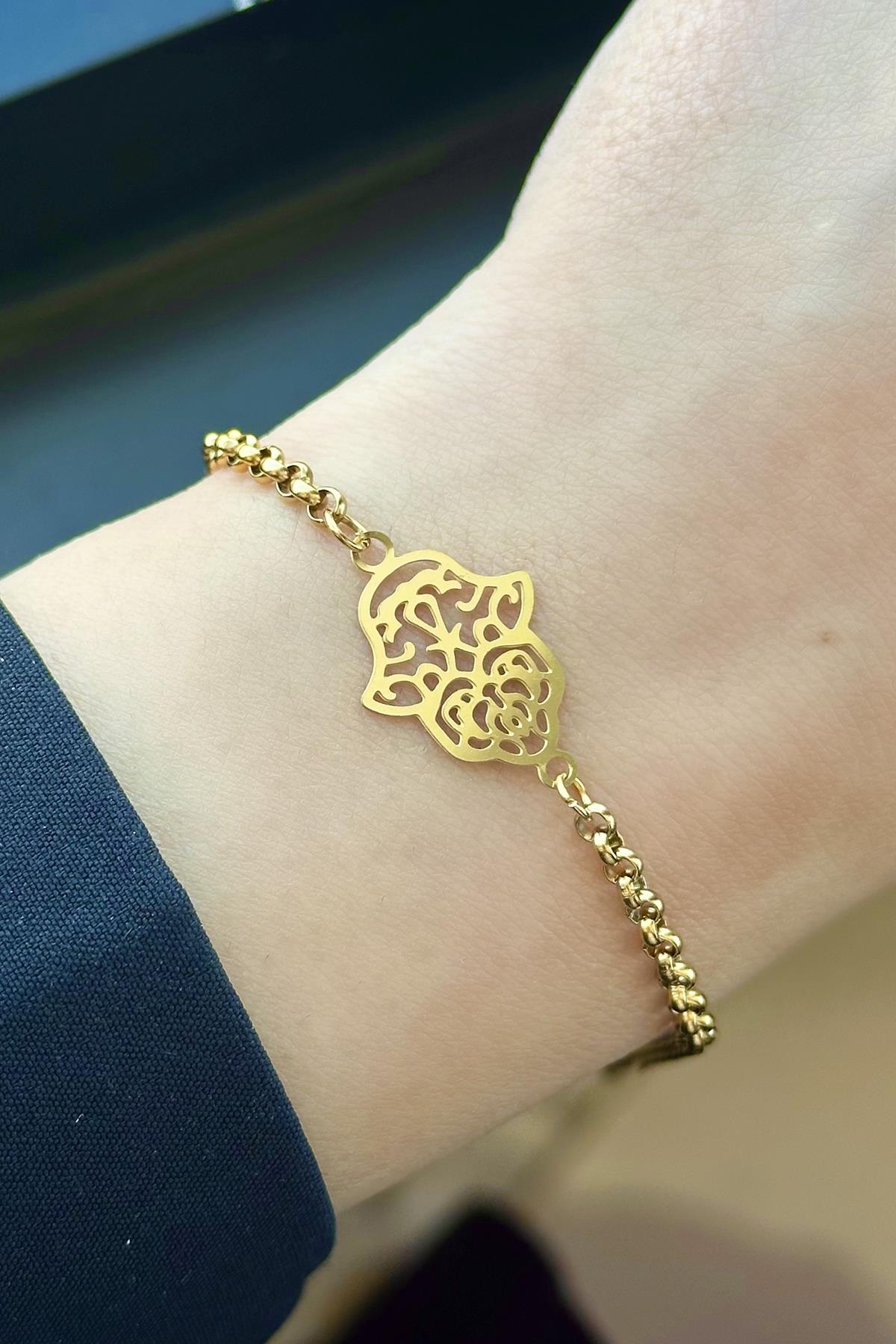 Altın Renk Fatma Ana Eli Figürlü Çelik Bileklik