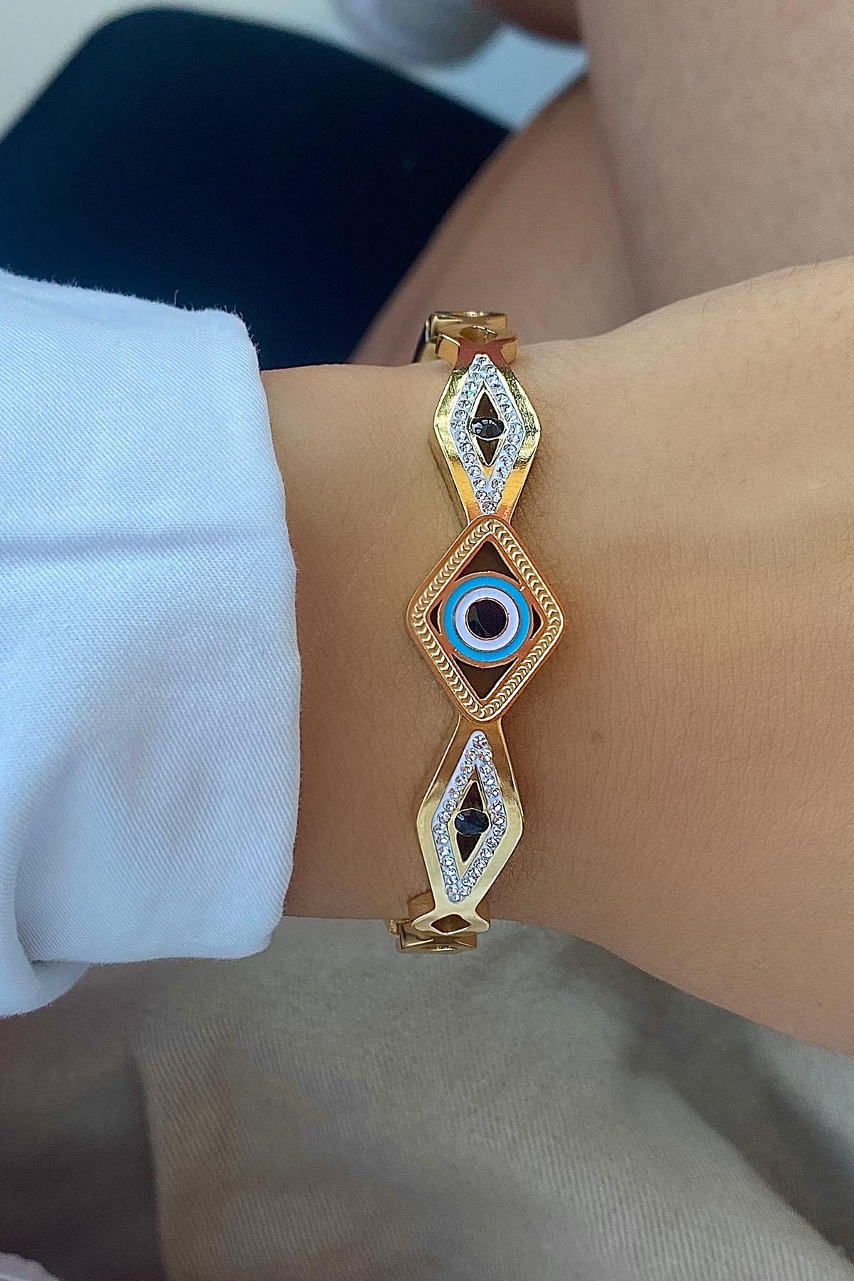 Altın Renk Göz Detaylı Çelik Kelepçe Bileklik