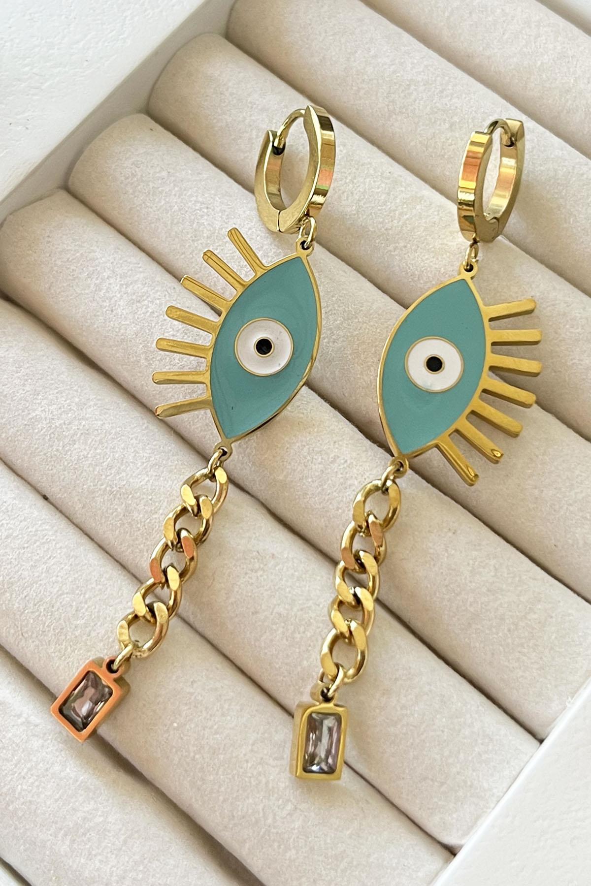 Altın Renk Göz Detaylı Çelik Küpe (Çift)